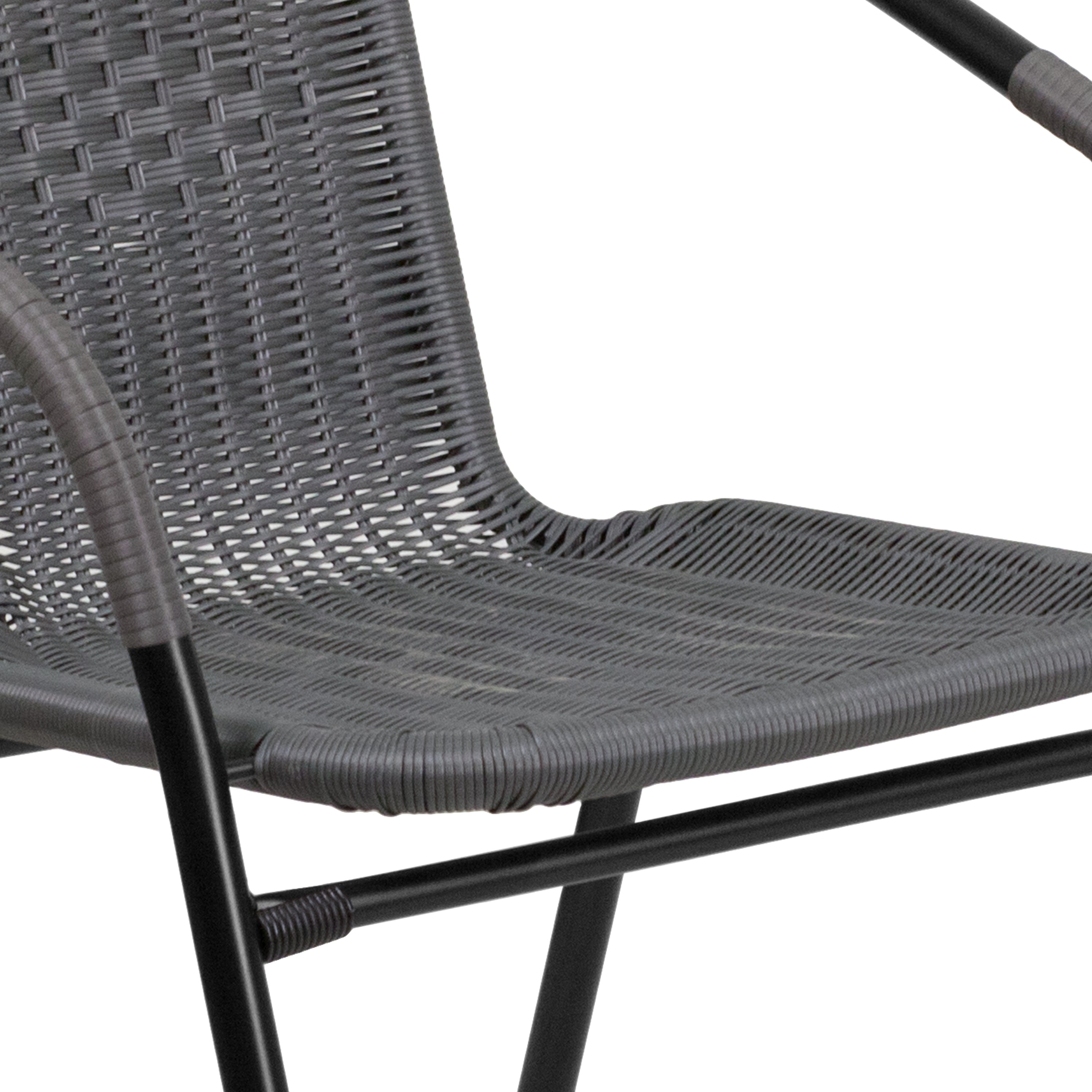 Lila 28'' Round Glass Metal Table with Gray Rattan Edging and 4 Gray Rattan Stack Chairs