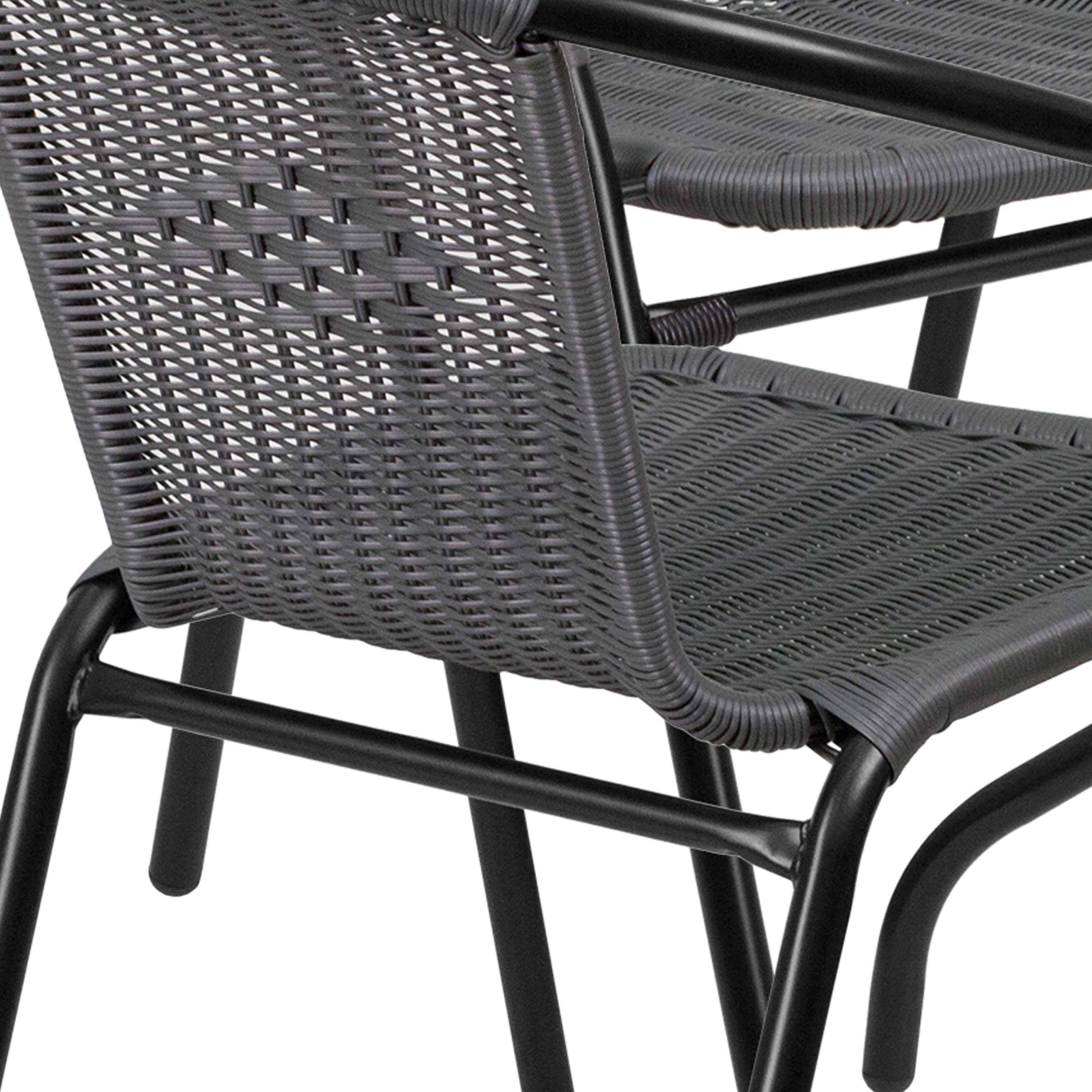 Lila 28'' Round Glass Metal Table with Gray Rattan Edging and 4 Gray Rattan Stack Chairs
