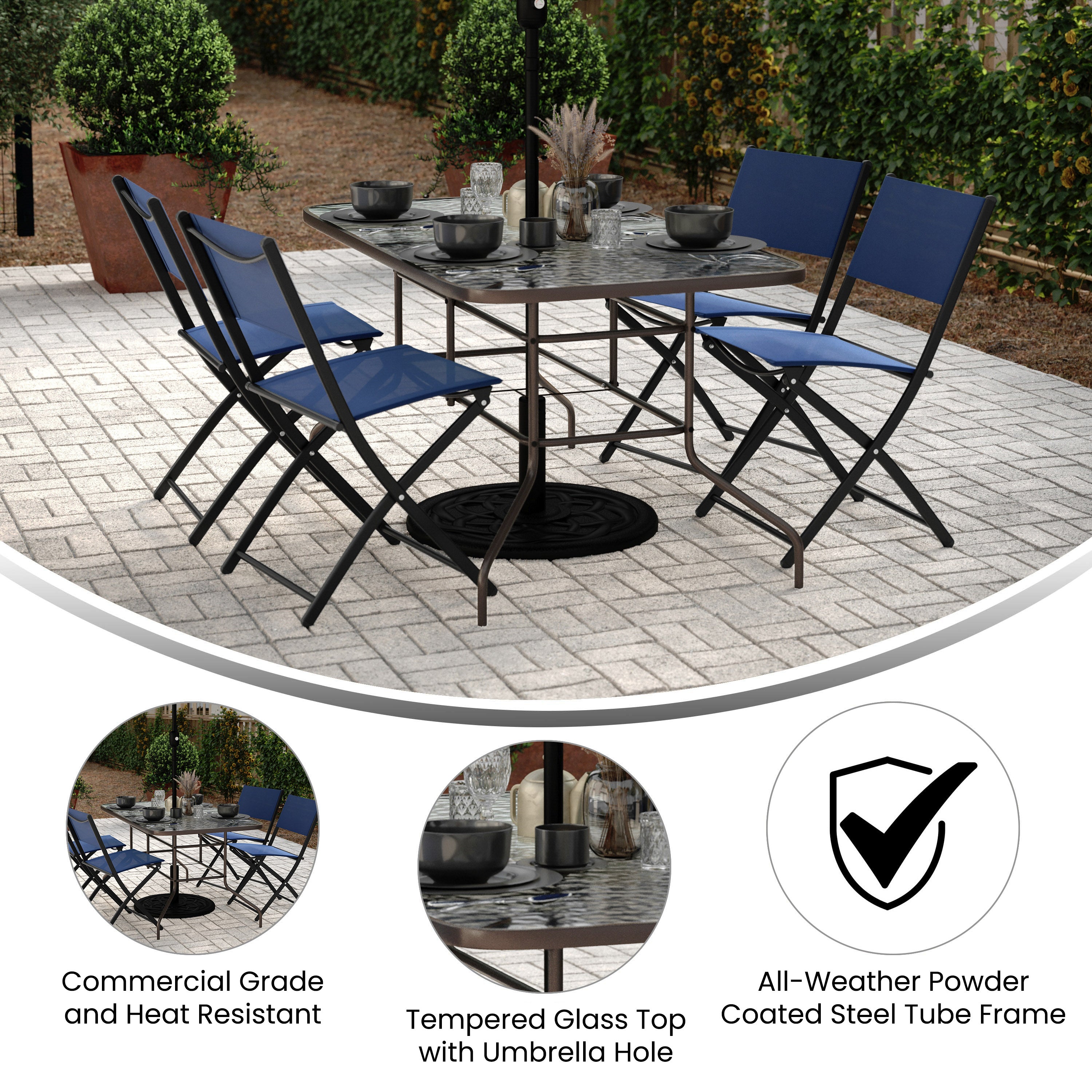 Tory 31.5" x 55" Bronze Rectangular Tempered Glass Metal Table with Umbrella Hole