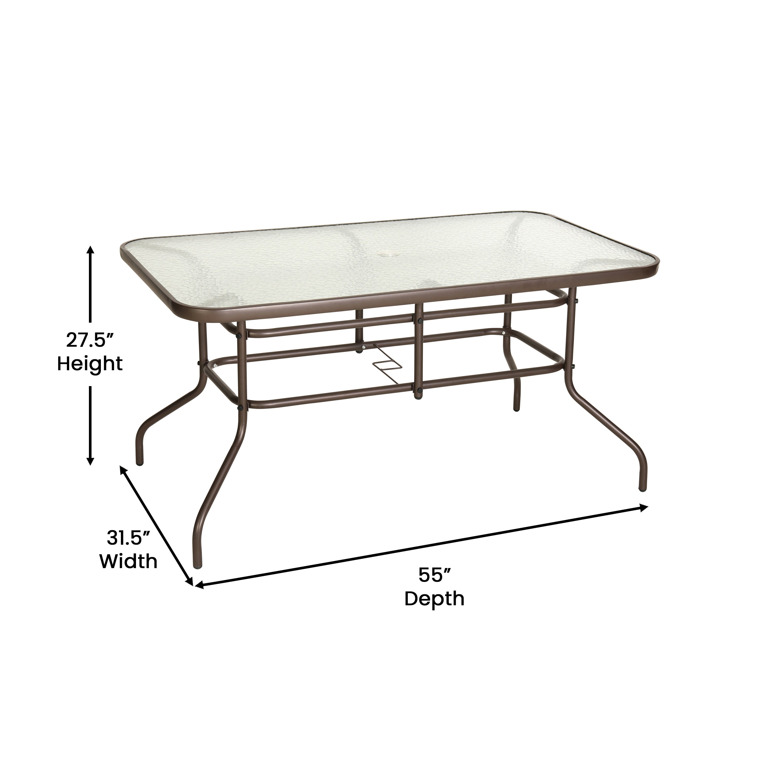 Tory 31.5" x 55" Bronze Rectangular Tempered Glass Metal Table with Umbrella Hole
