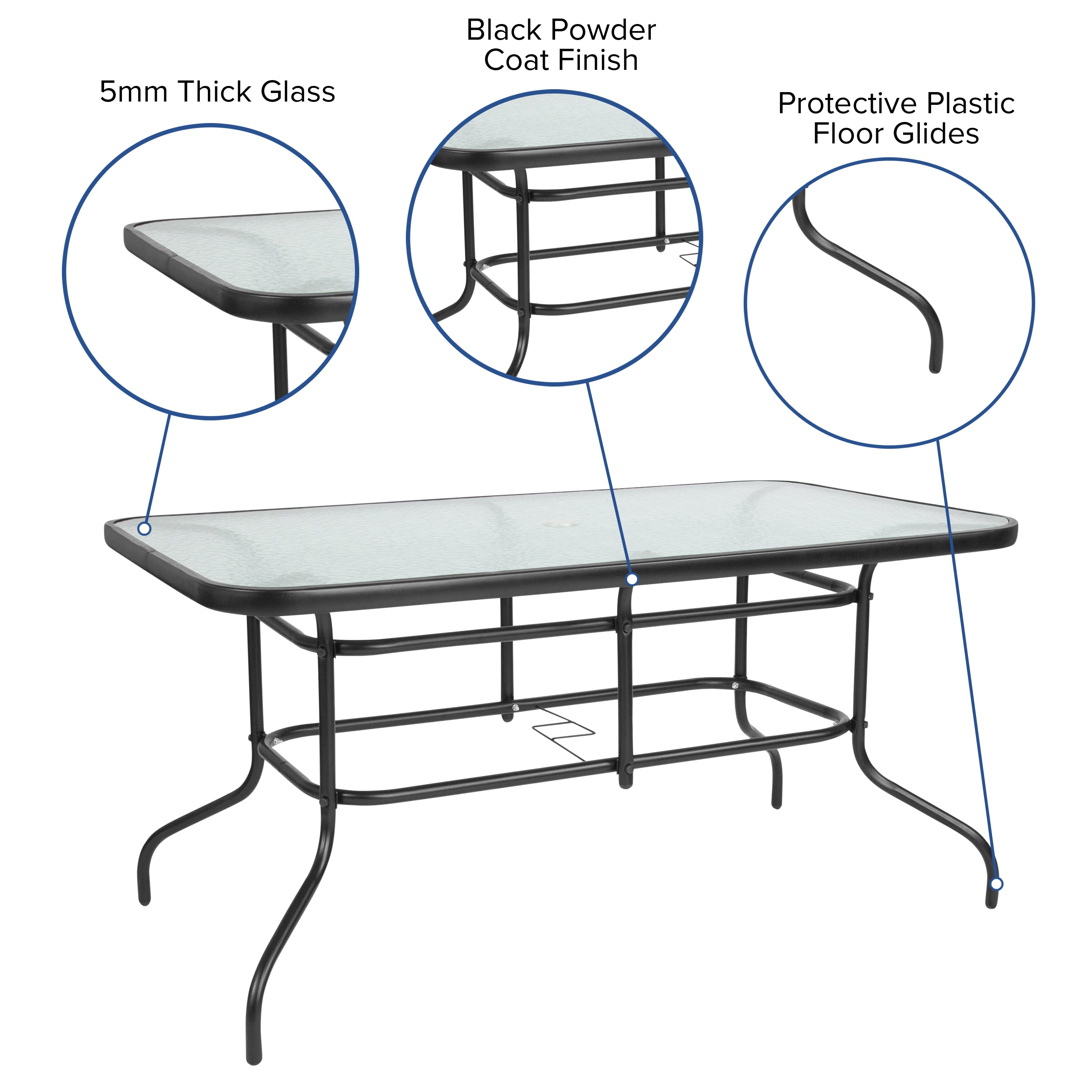 Tory 31.5" x 55" Rectangular Tempered Glass Metal Table with Umbrella Hole
