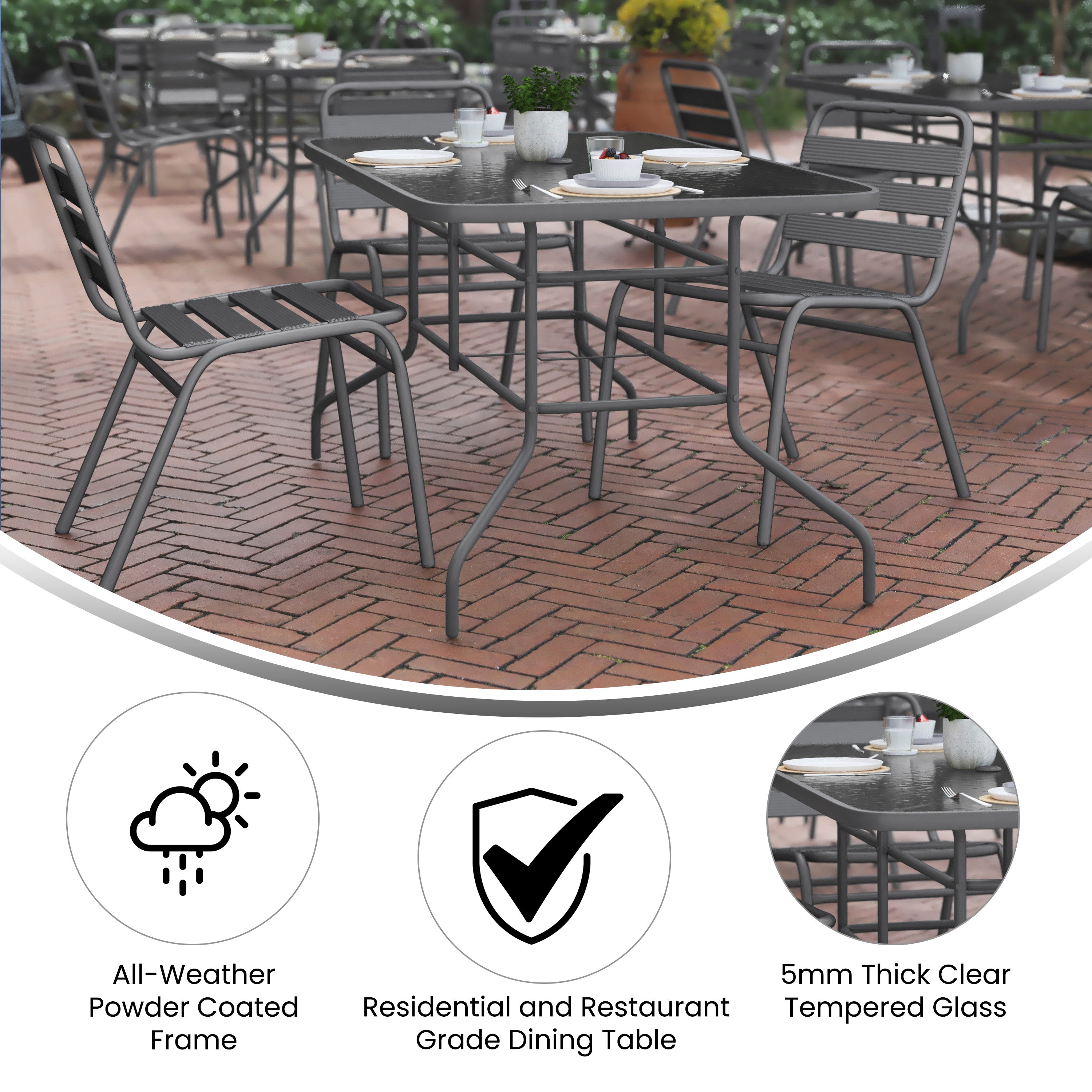 Tory 31.5" x 55" Silver Rectangular Tempered Glass Metal Table with Umbrella Hole