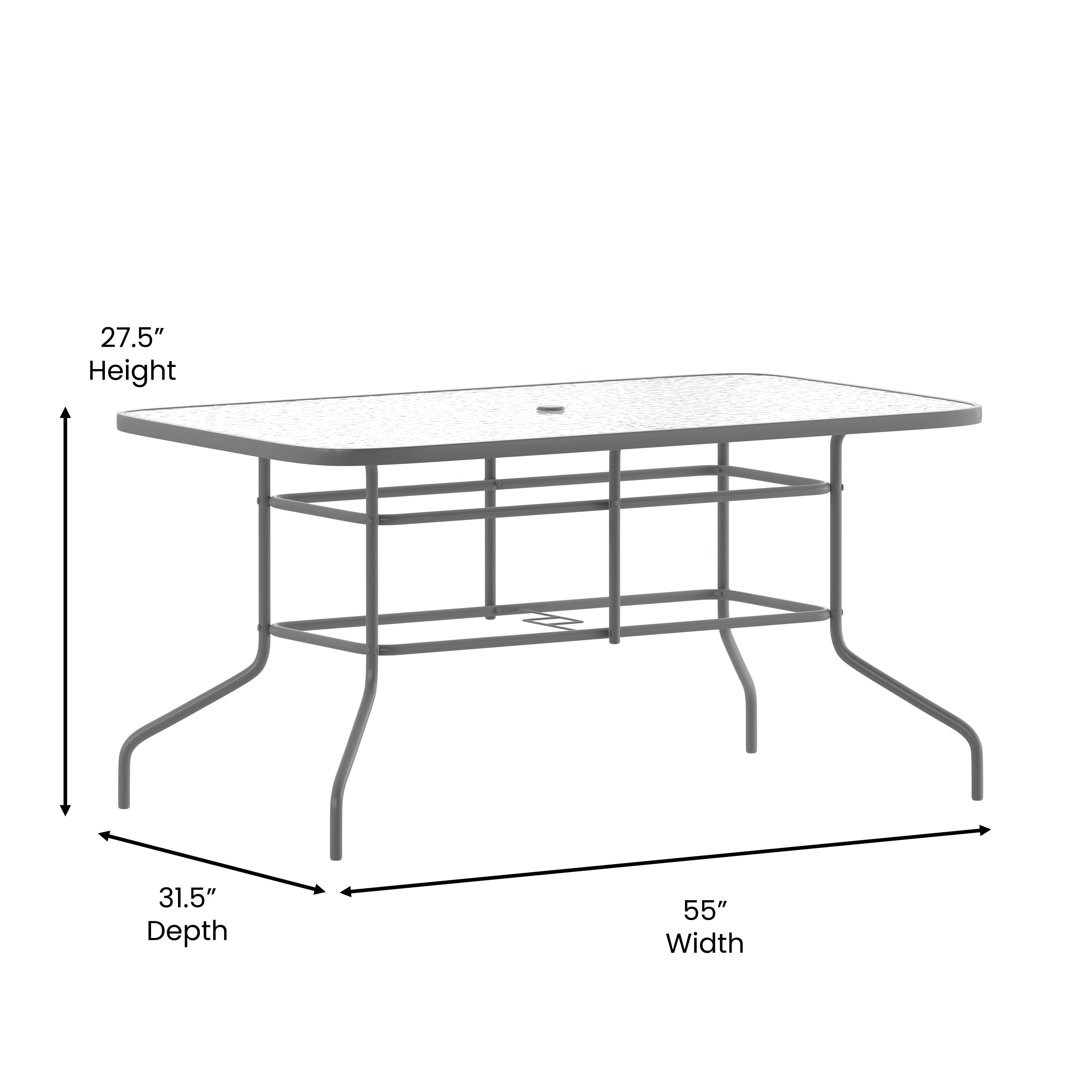 Tory 31.5" x 55" Silver Rectangular Tempered Glass Metal Table with Umbrella Hole