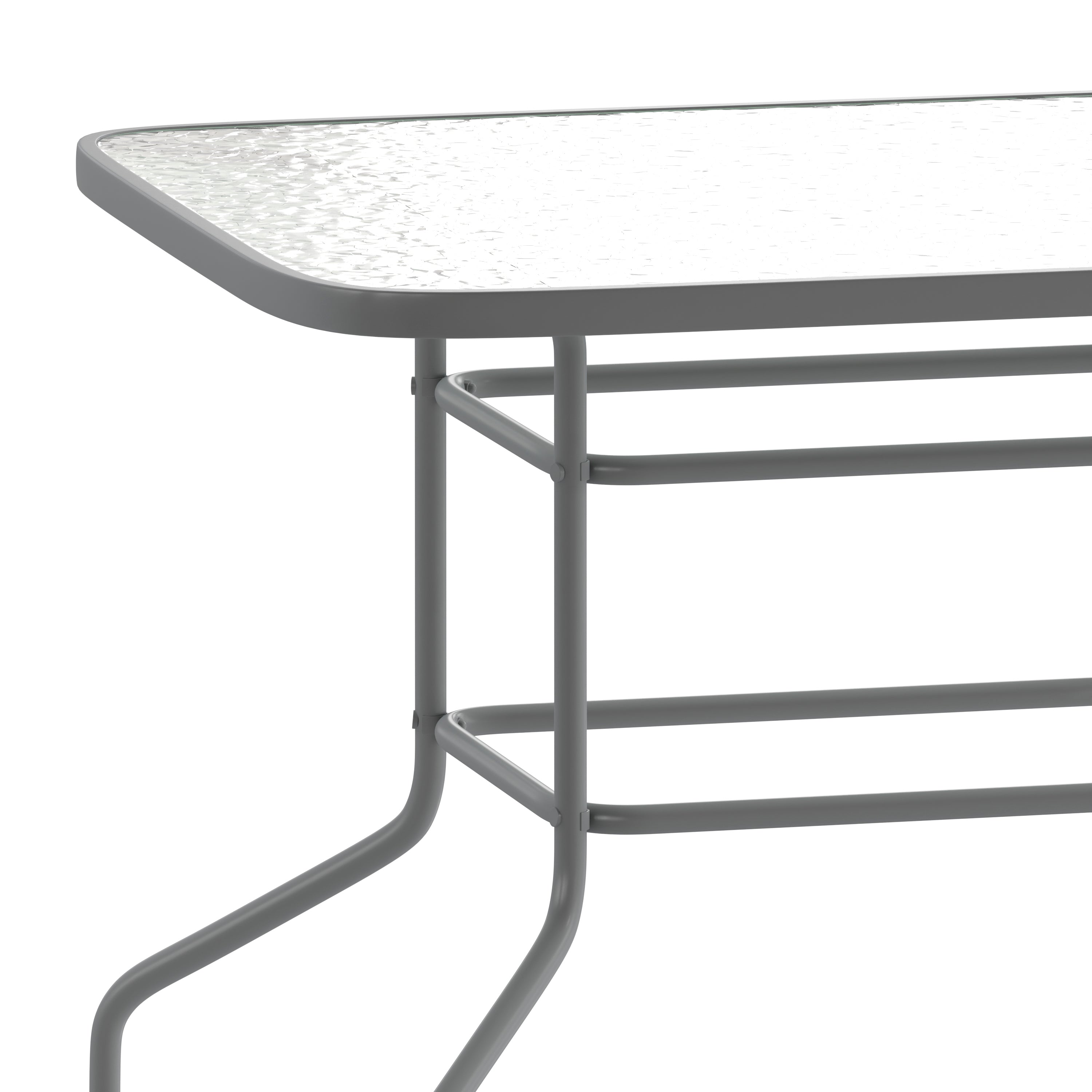 Tory 31.5" x 55" Silver Rectangular Tempered Glass Metal Table with Umbrella Hole