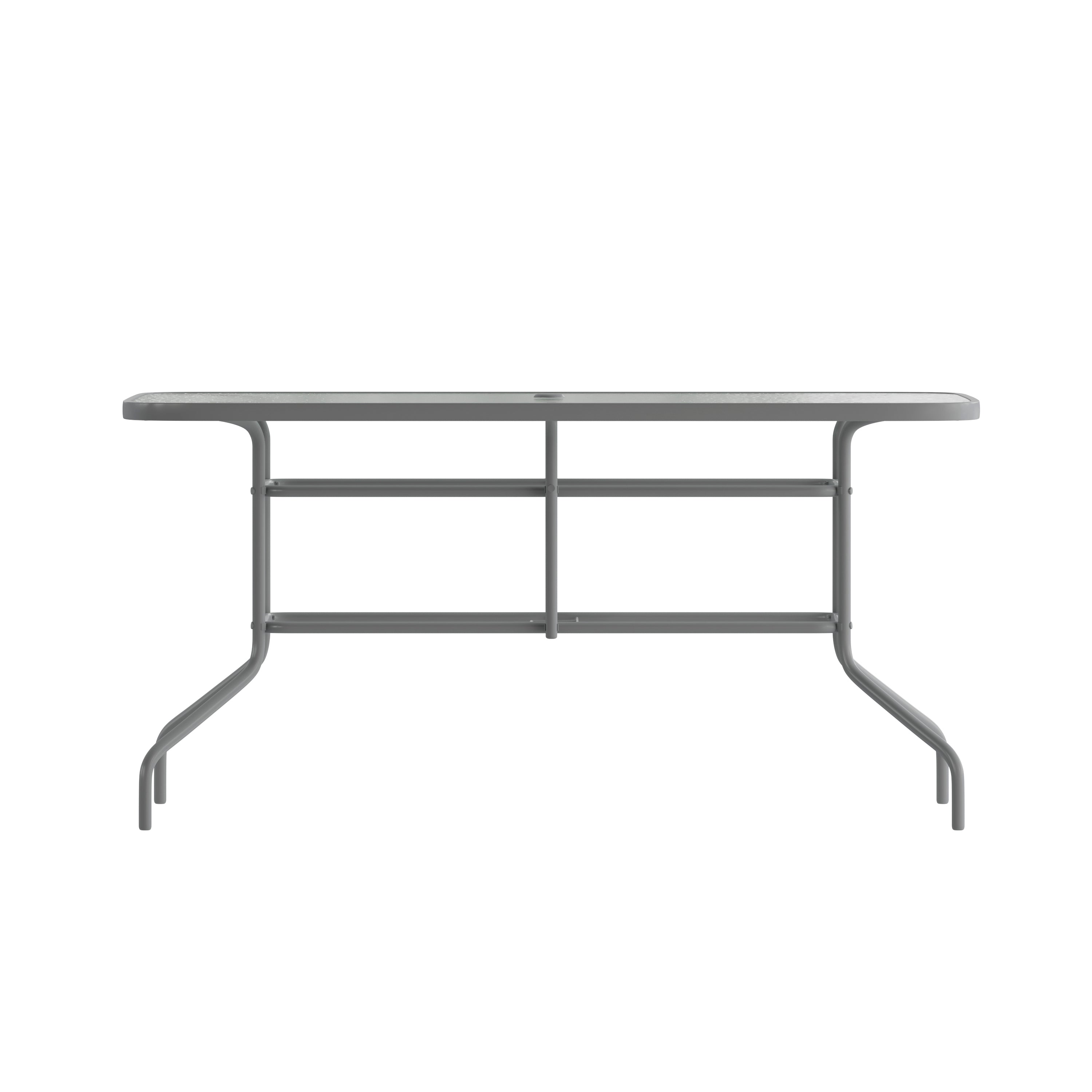 Tory 31.5" x 55" Silver Rectangular Tempered Glass Metal Table with Umbrella Hole