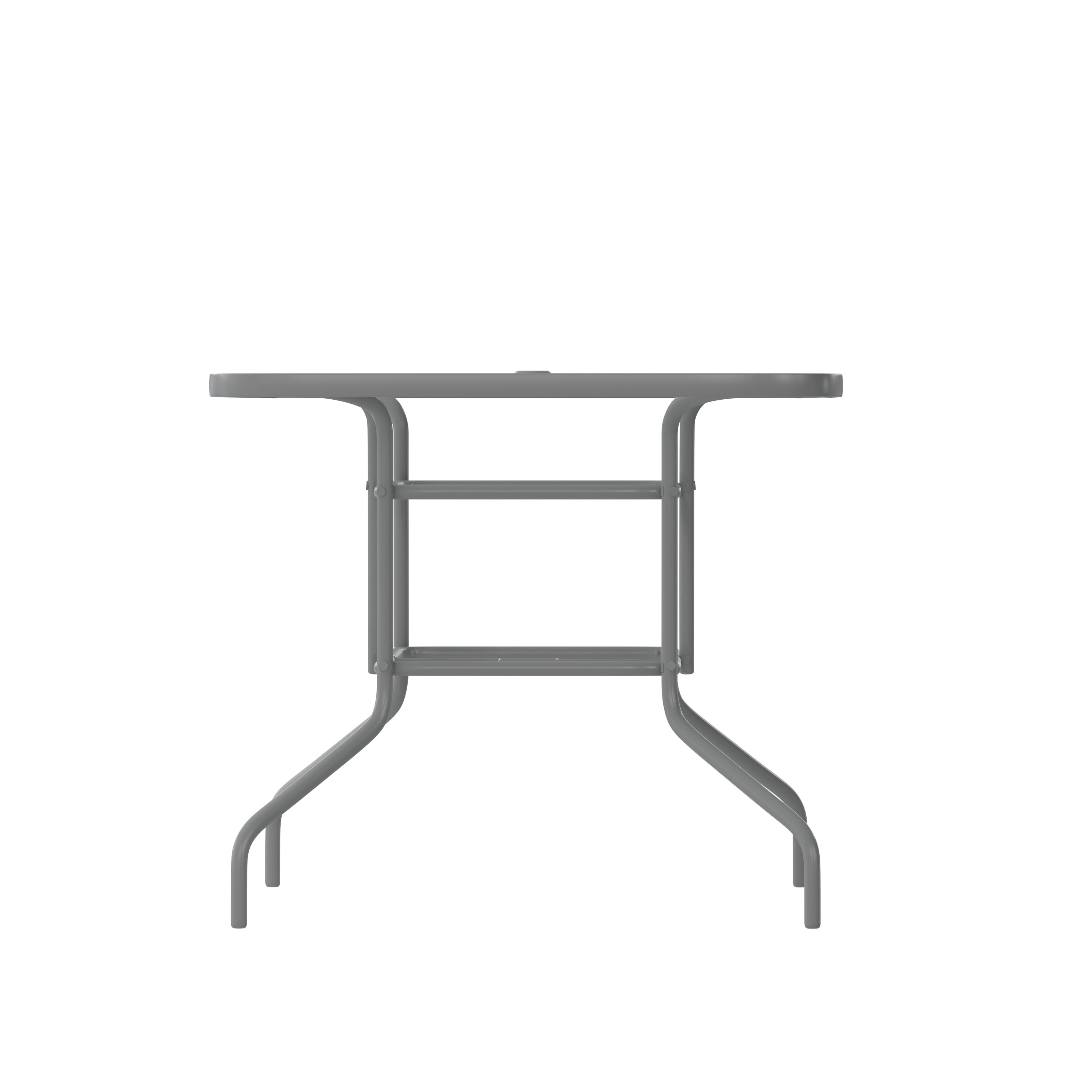 Tory 31.5" x 55" Silver Rectangular Tempered Glass Metal Table with Umbrella Hole