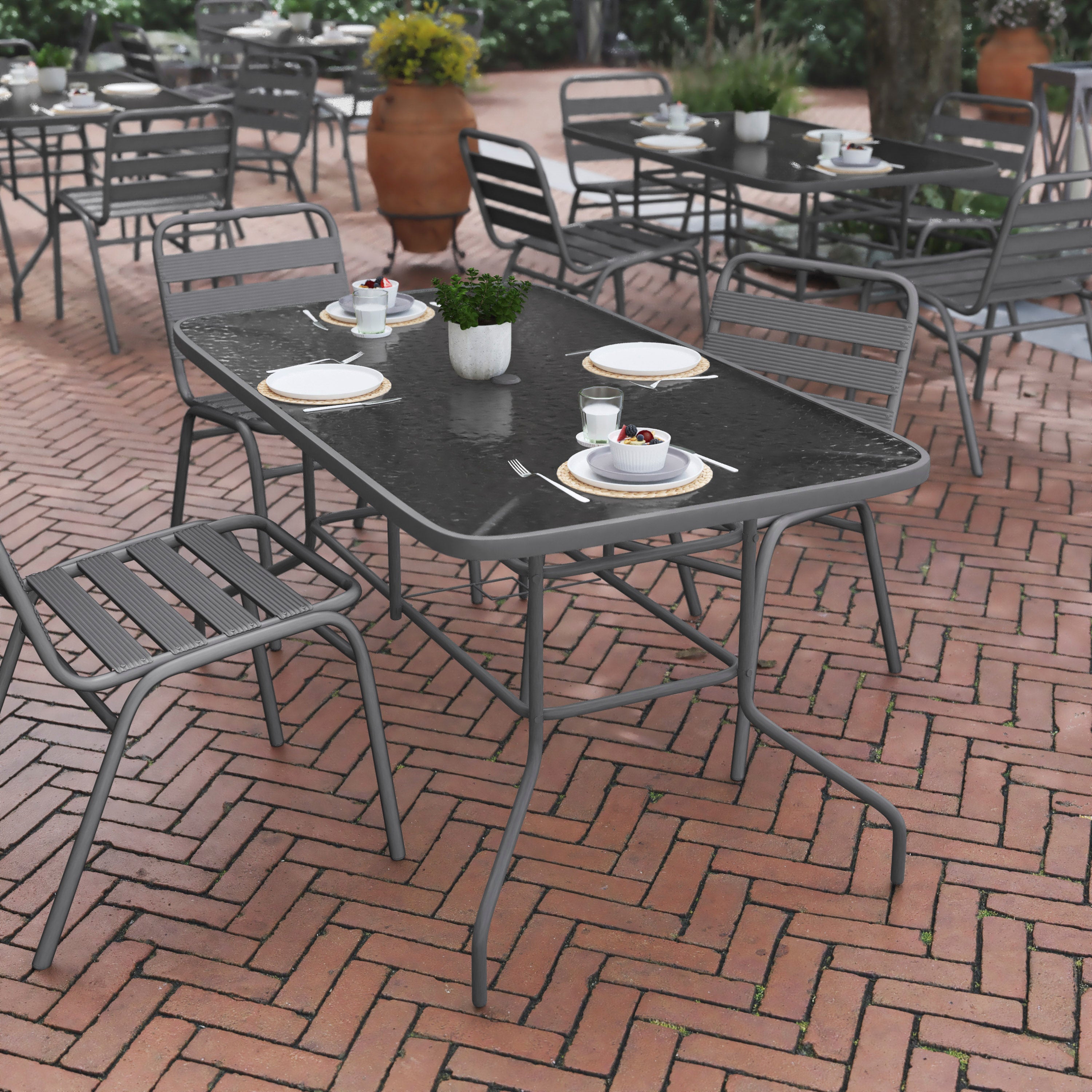 Tory 31.5" x 55" Silver Rectangular Tempered Glass Metal Table with Umbrella Hole