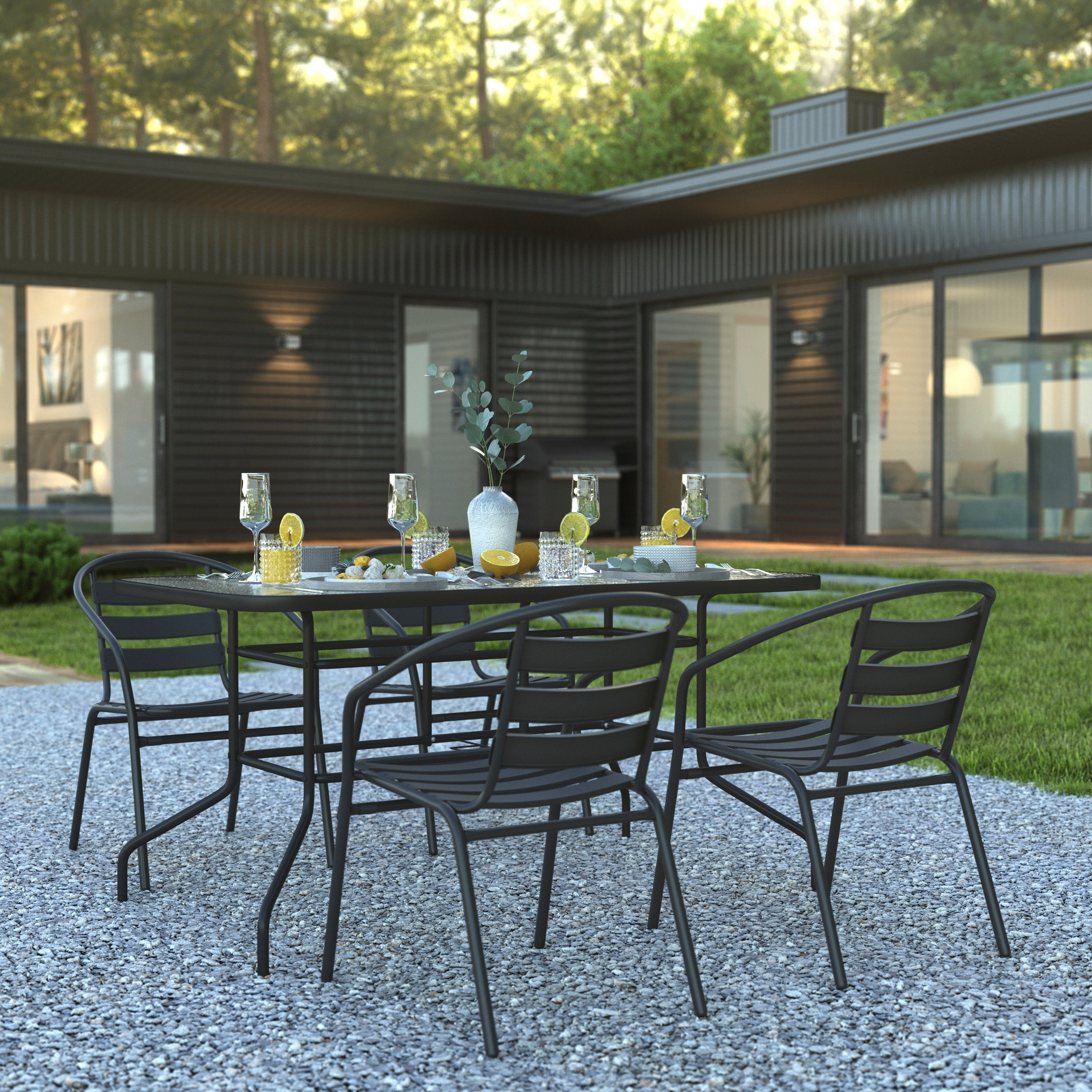 Lila 5 Piece Patio Dining Set - 55" Tempered Glass Patio Table with Umbrella Hole - 4 Black Metal Aluminum Slat Stack Chairs