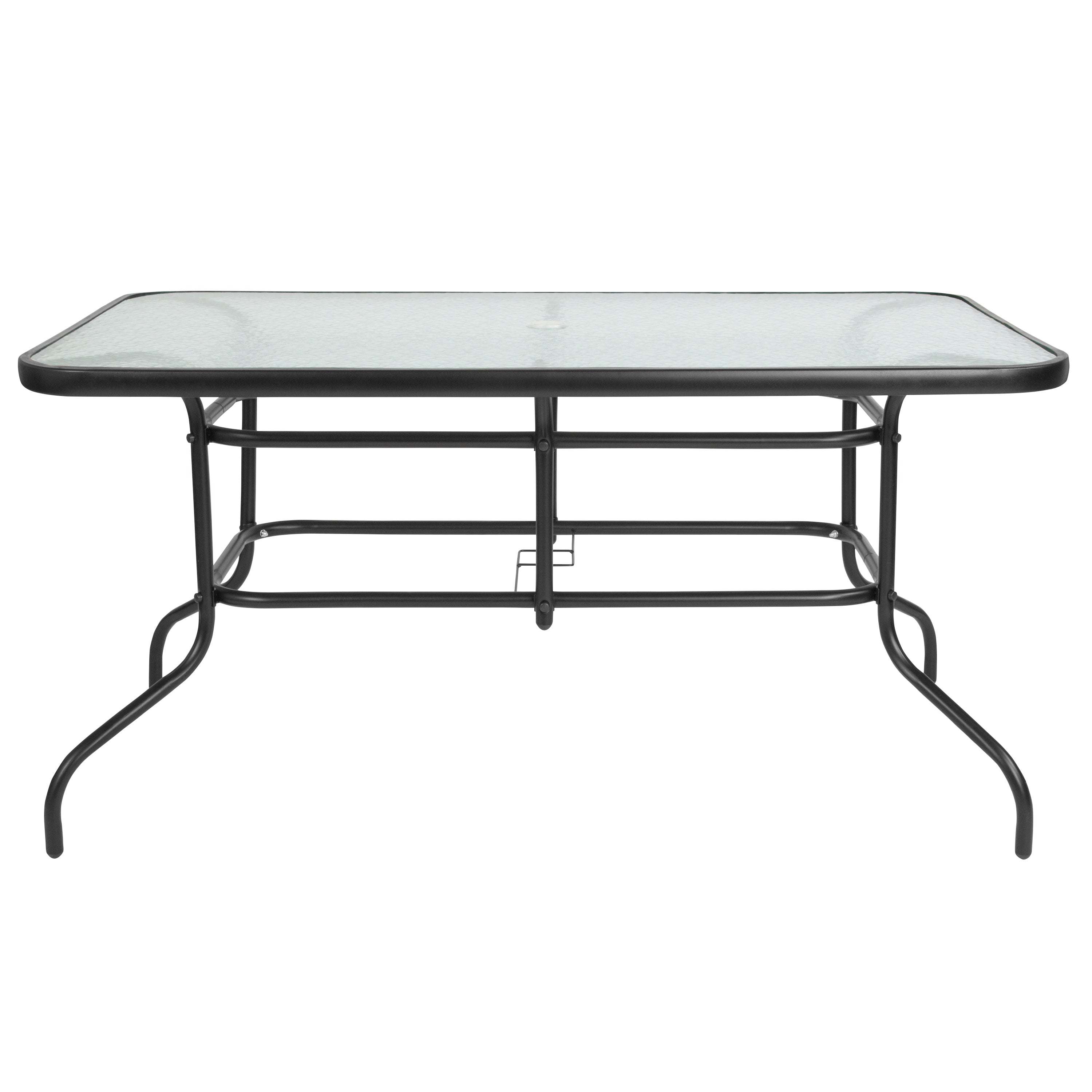 Lila 5 Piece Patio Dining Set - 55" Tempered Glass Patio Table with Umbrella Hole - 4 Black Metal Aluminum Slat Stack Chairs