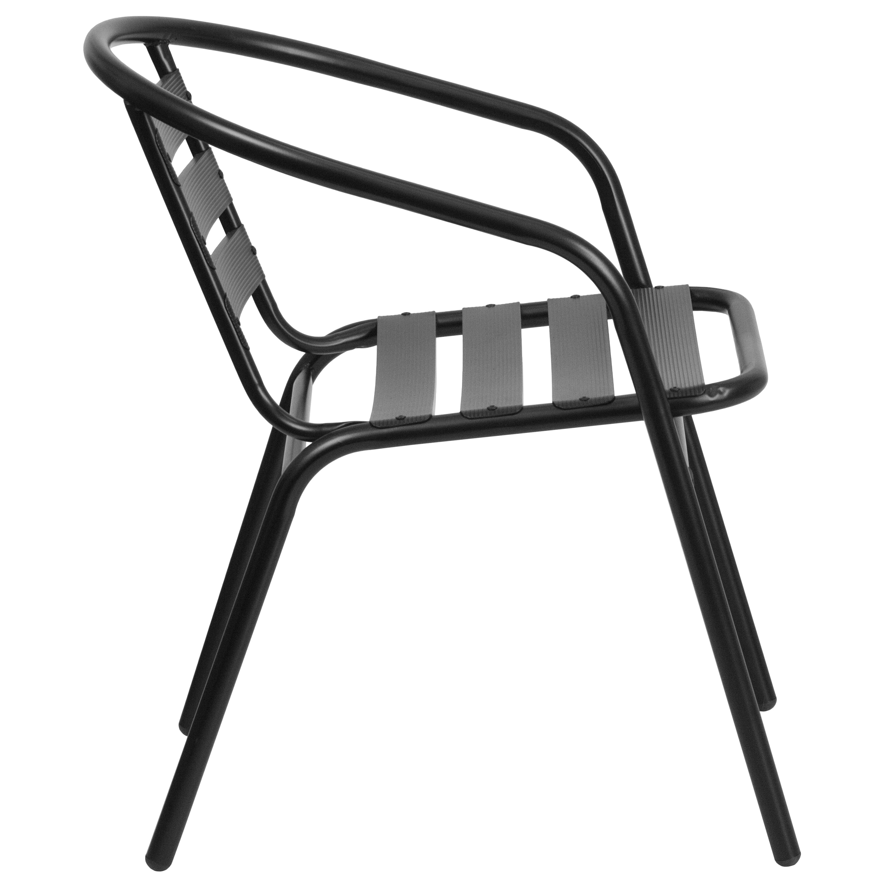 Lila 5 Piece Patio Dining Set - 55" Tempered Glass Patio Table with Umbrella Hole - 4 Black Metal Aluminum Slat Stack Chairs