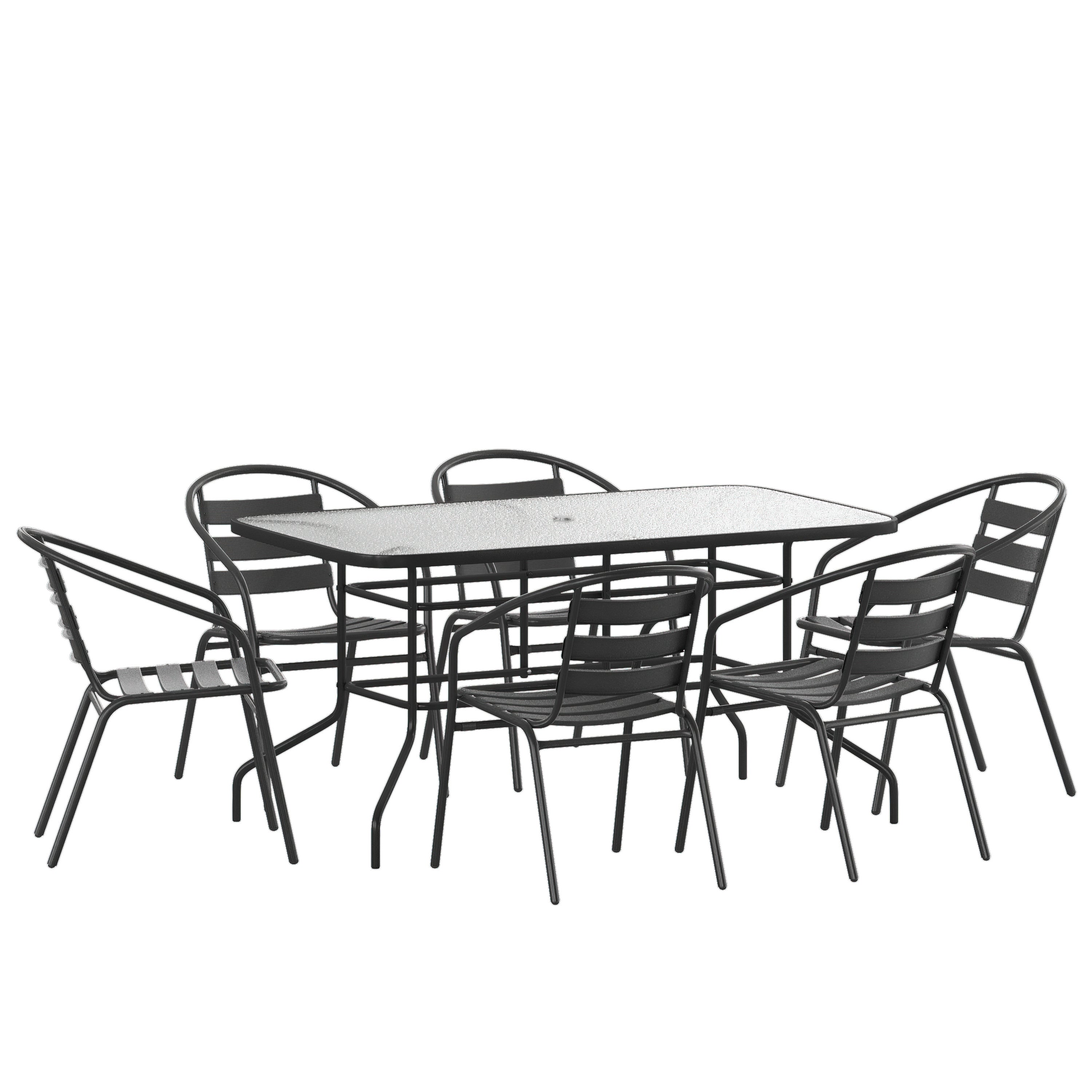 Lila 7 Piece Patio Dining Set - 55" Tempered Glass Patio Table with Umbrella Hole, 6 Black Metal Aluminum Slat Stack Chairs