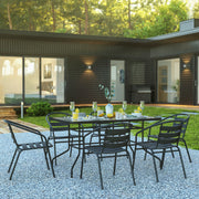 Lila 7 Piece Patio Dining Set - 55" Tempered Glass Patio Table with Umbrella Hole, 6 Black Metal Aluminum Slat Stack Chairs