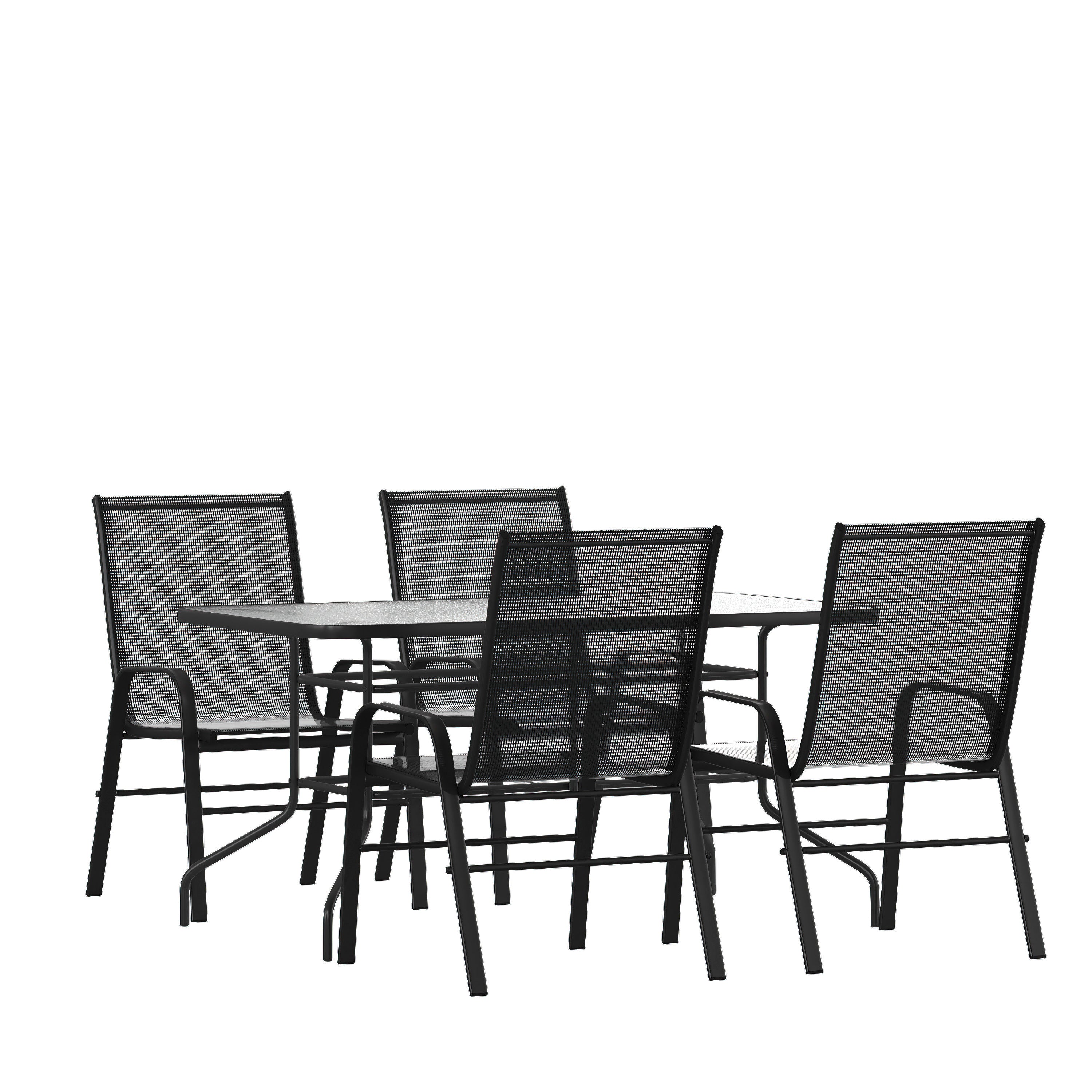 Brazos 5 Piece Outdoor Patio Dining Set - 55" Tempered Glass Patio Table with Umbrella Hole, 4 Black Flex Comfort Stack Chairs