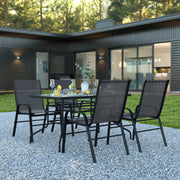 Brazos 5 Piece Outdoor Patio Dining Set - 55" Tempered Glass Patio Table with Umbrella Hole, 4 Black Flex Comfort Stack Chairs