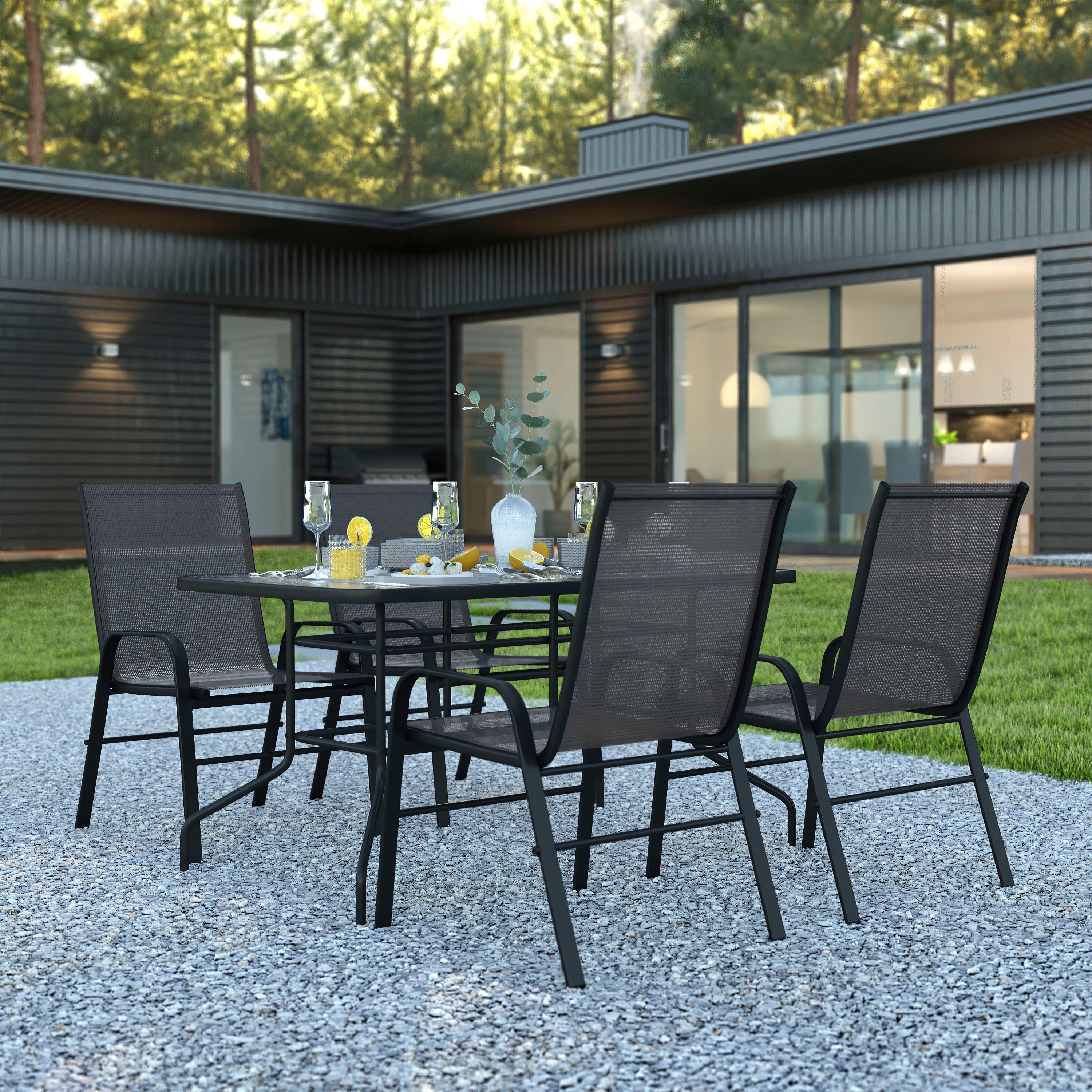 Brazos 5 Piece Outdoor Patio Dining Set - 55" Tempered Glass Patio Table with Umbrella Hole, 4 Black Flex Comfort Stack Chairs