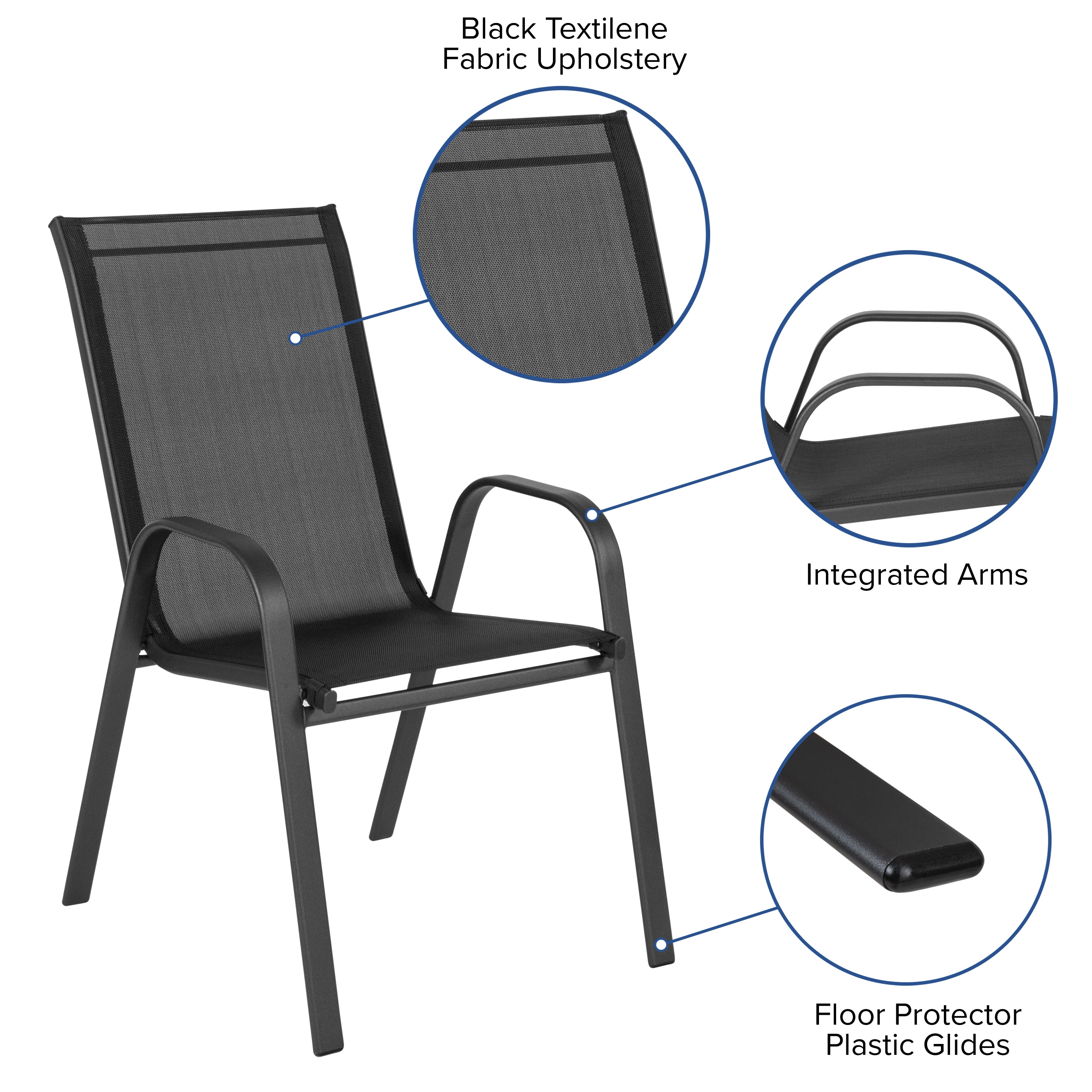 Brazos 5 Piece Outdoor Patio Dining Set - 55" Tempered Glass Patio Table with Umbrella Hole, 4 Black Flex Comfort Stack Chairs