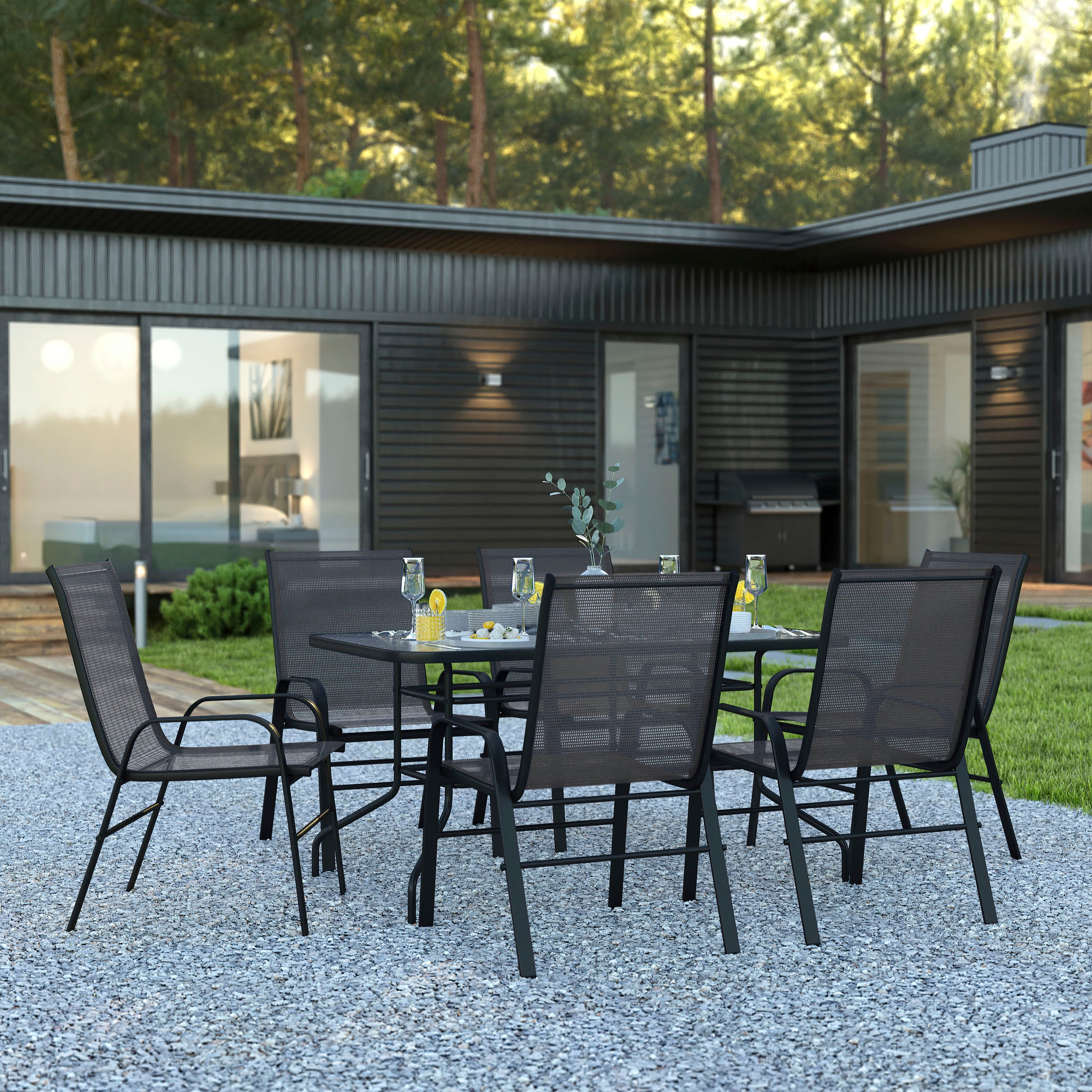 Brazos 7 Piece Outdoor Patio Dining Set - 55" Tempered Glass Patio Table with Umbrella Hole, 6 Black Flex Comfort Stack Chairs