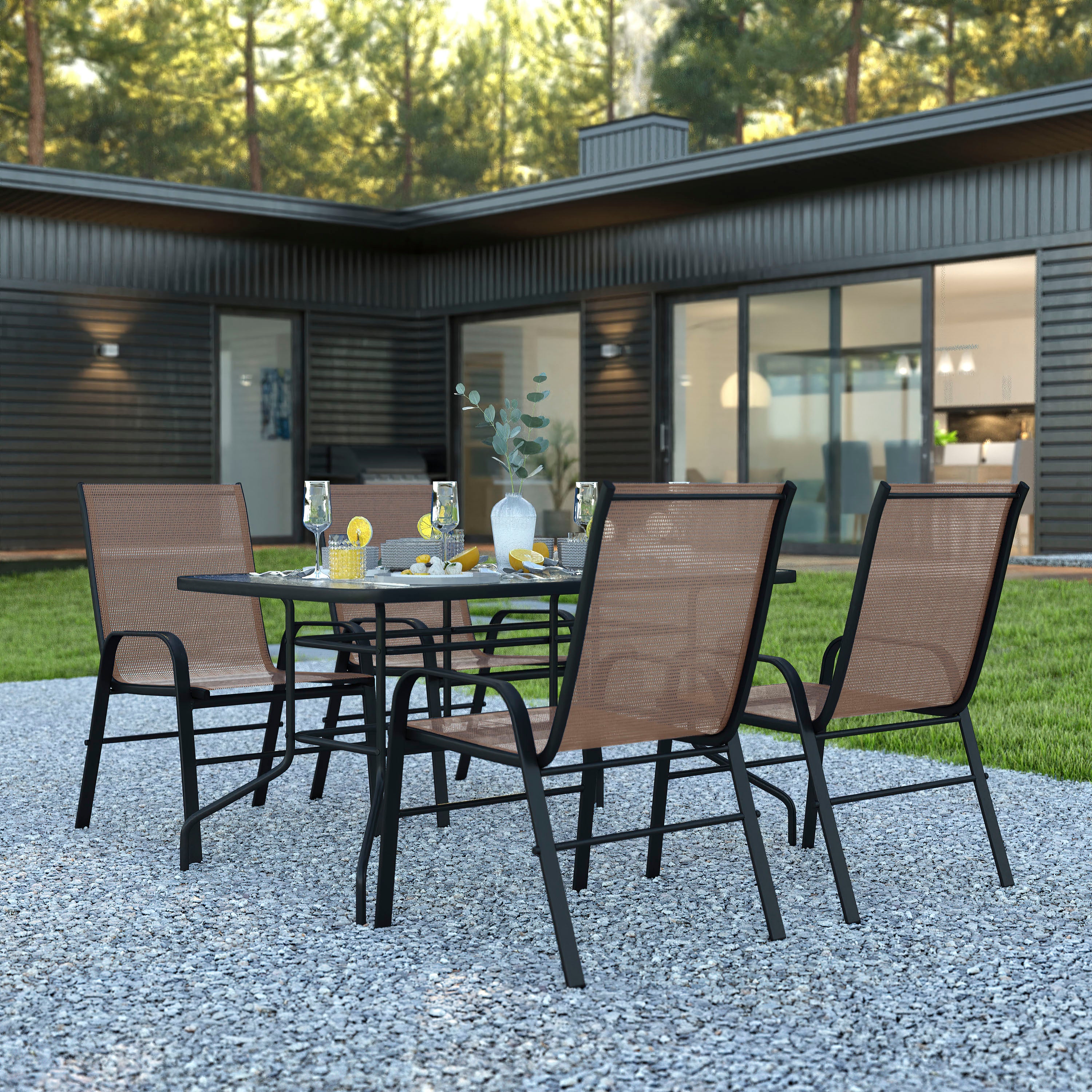 Brazos 5 Piece Outdoor Patio Dining Set - 55" Tempered Glass Patio Table with Umbrella Hole, 4 Brown Flex Comfort Stack Chairs