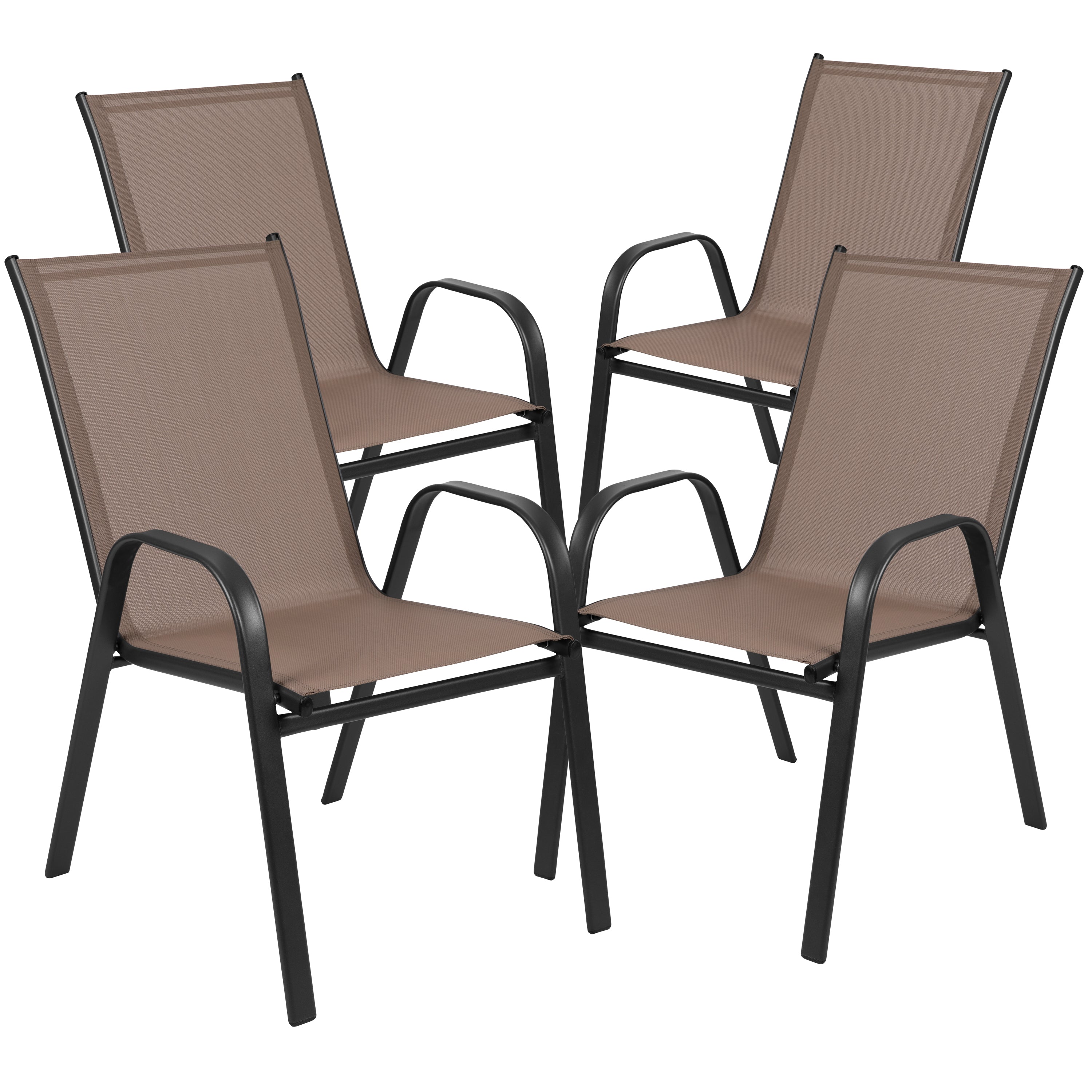 Brazos 5 Piece Outdoor Patio Dining Set - 55" Tempered Glass Patio Table with Umbrella Hole, 4 Brown Flex Comfort Stack Chairs