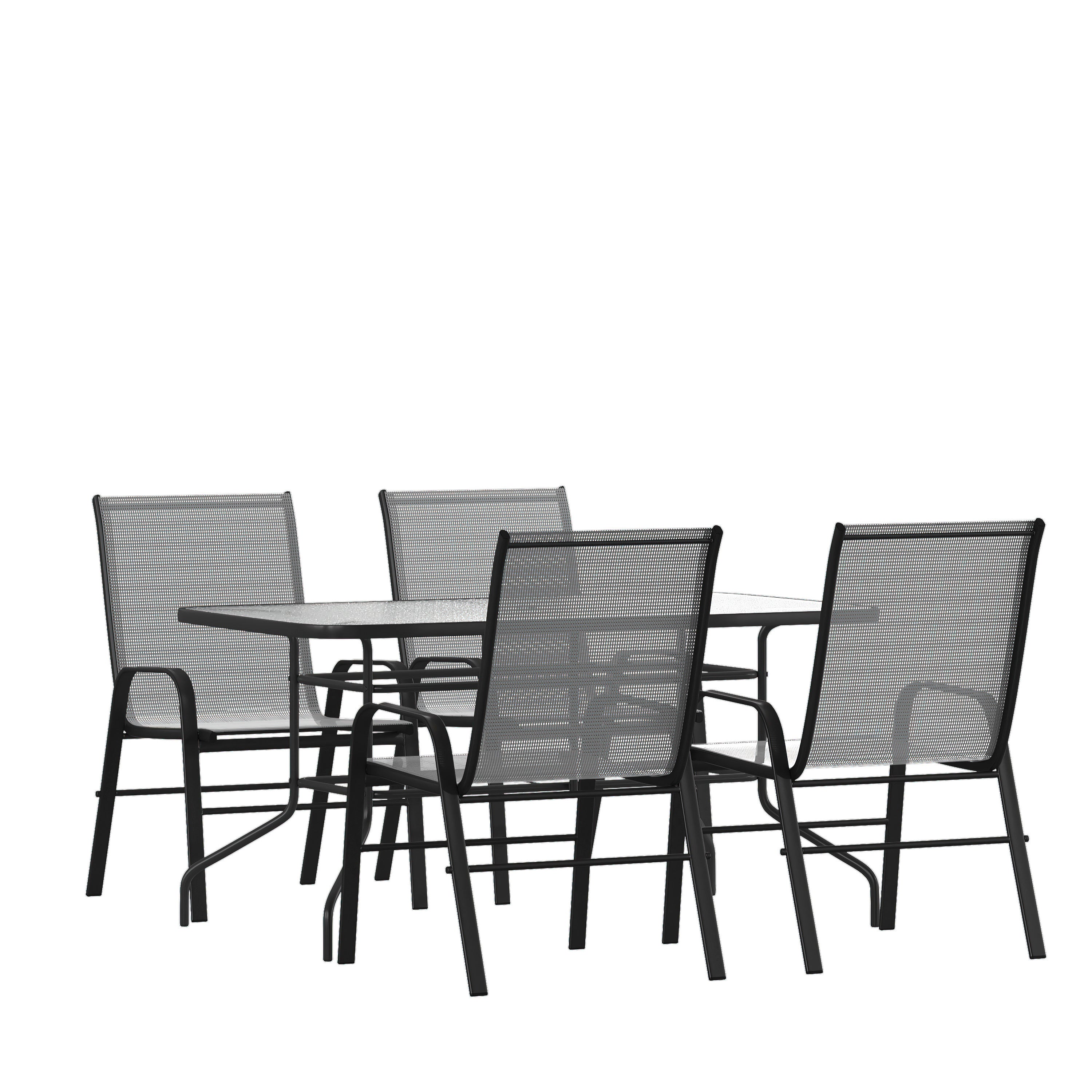 Brazos 5 Piece Outdoor Patio Dining Set - 55" Tempered Glass Patio Table with Umbrella Hole, 4 Gray Flex Comfort Stack Chairs