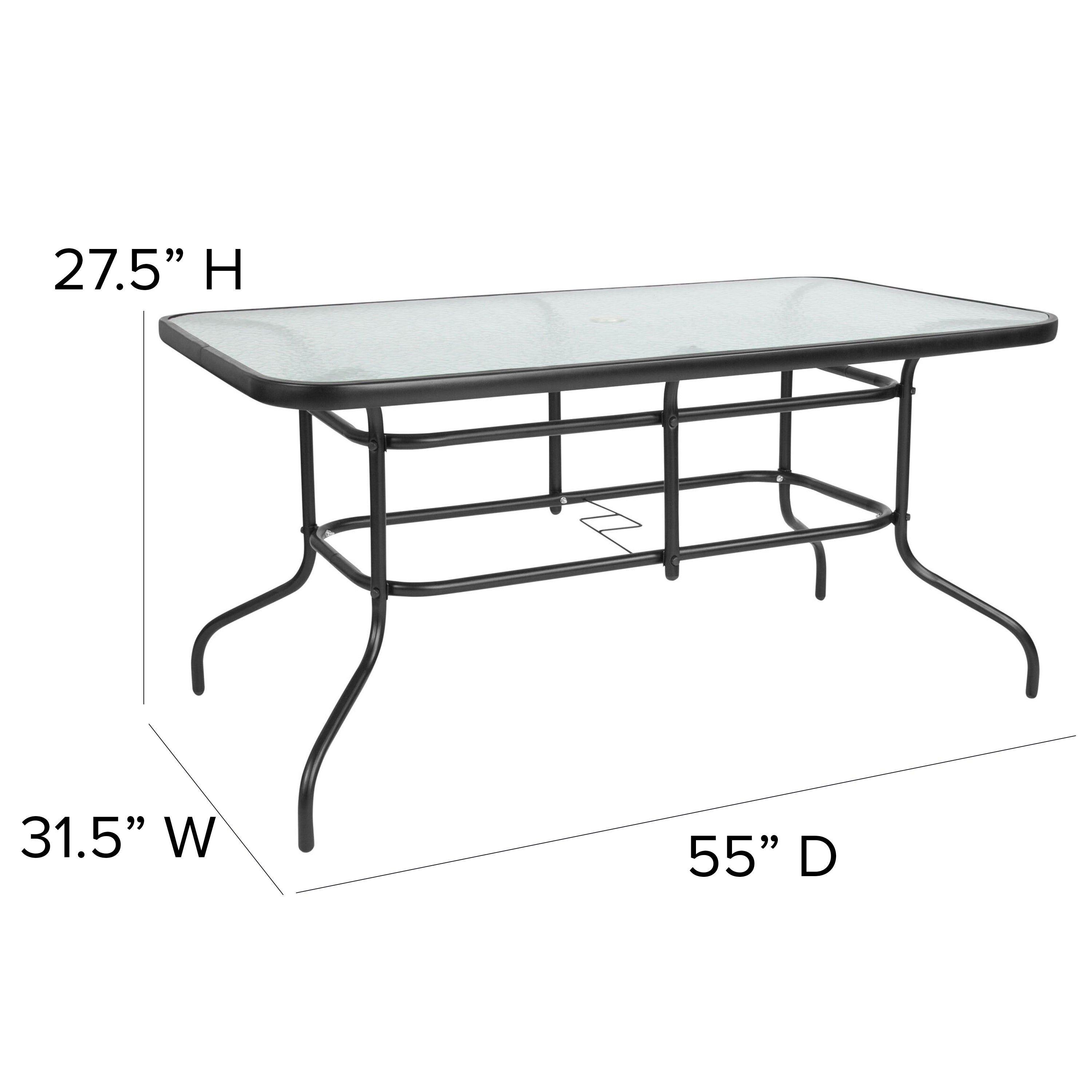 Brazos 7 Piece Outdoor Patio Dining Set - 55" Tempered Glass Patio Table with Umbrella Hole, 6 Gray Flex Comfort Stack Chairs