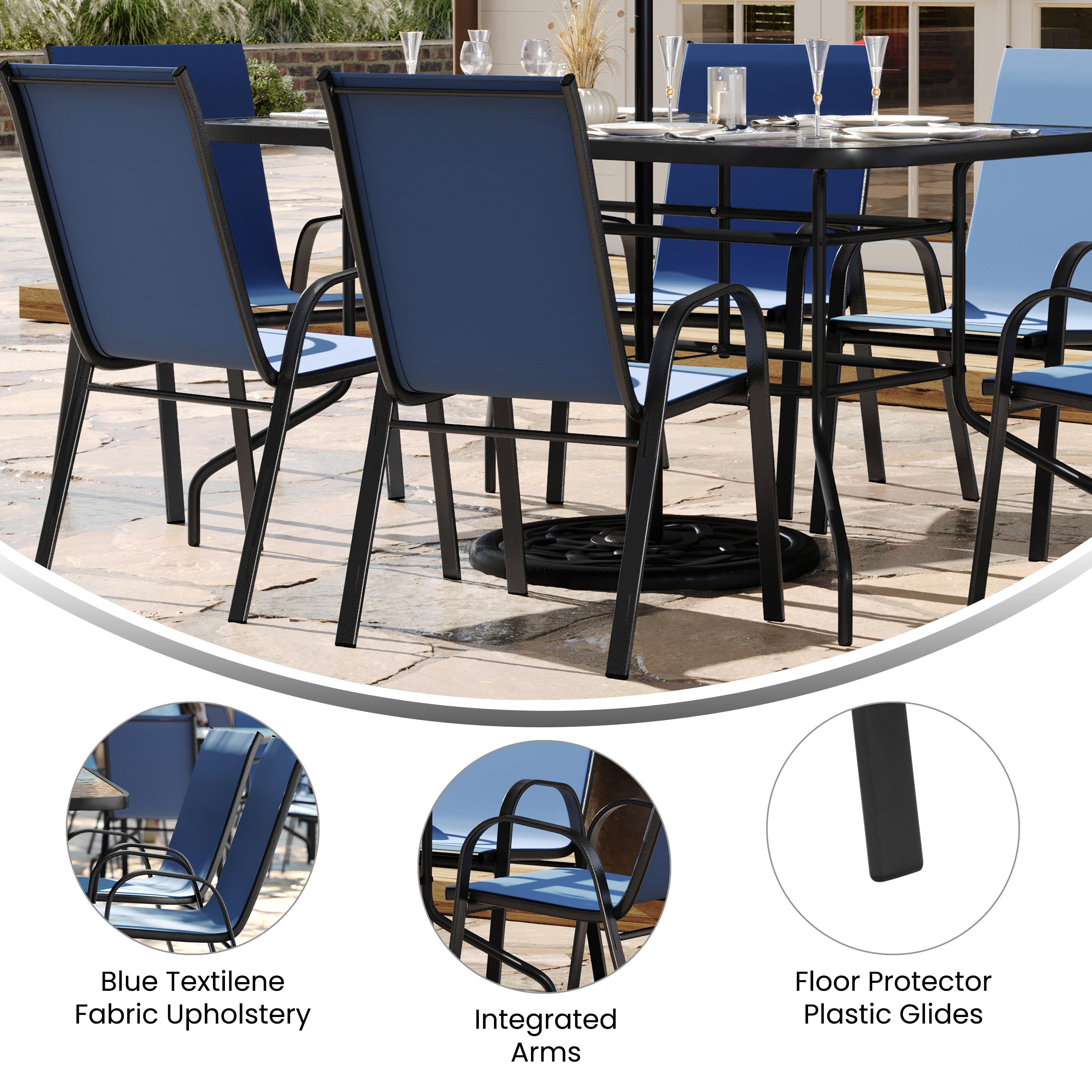 Brazos 5 Piece Outdoor Patio Dining Set - 55" Tempered Glass Patio Table with Umbrella Hole, 4 Navy Flex Comfort Stack Chairs
