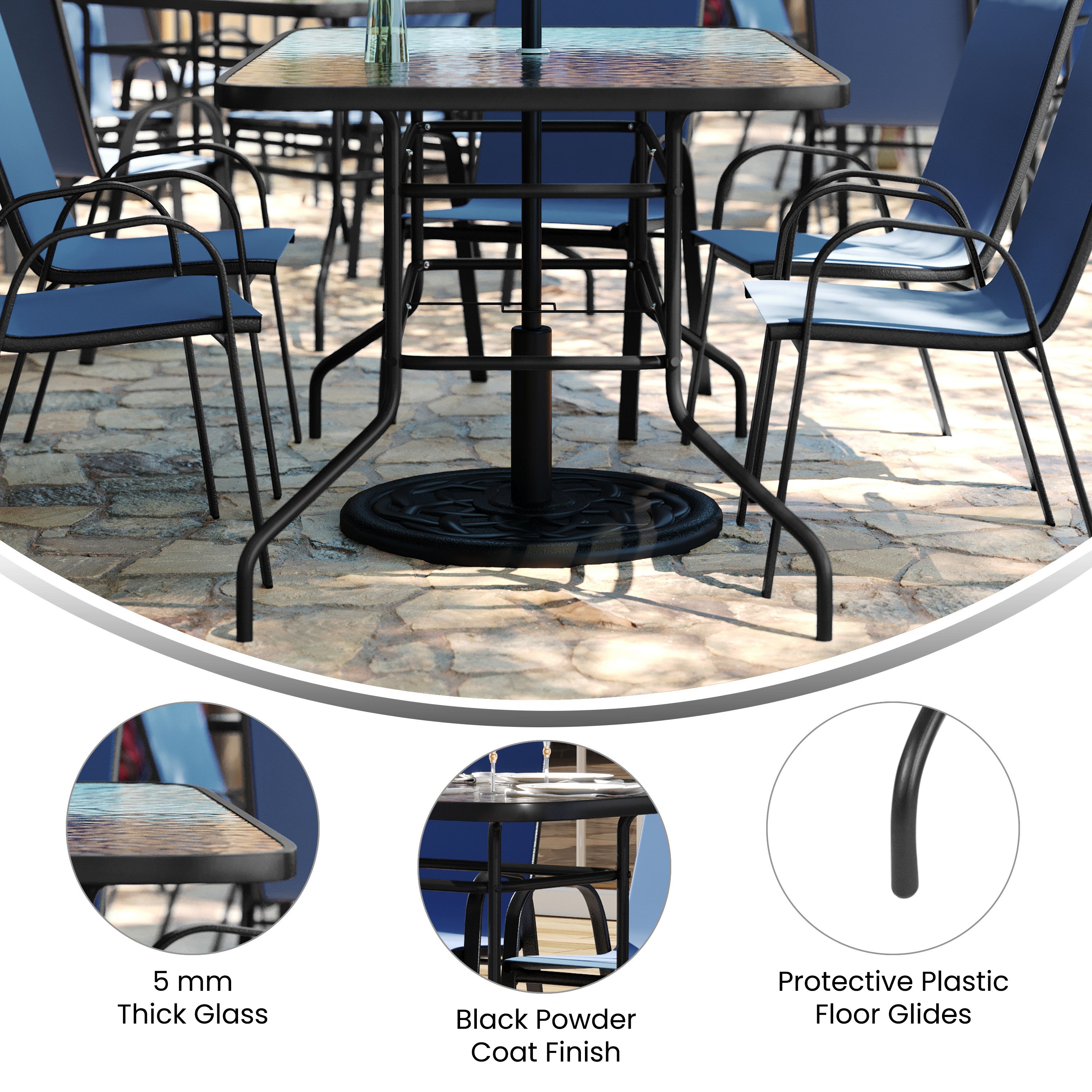 Brazos 5 Piece Outdoor Patio Dining Set - 55" Tempered Glass Patio Table with Umbrella Hole, 4 Navy Flex Comfort Stack Chairs