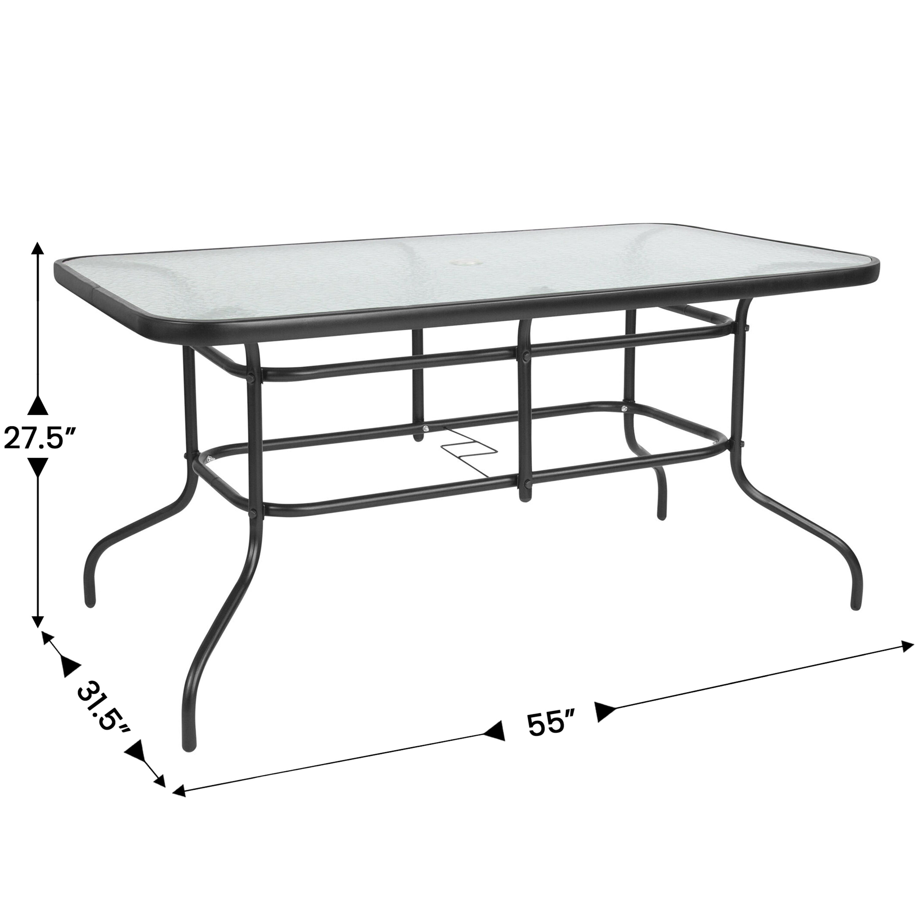 Brazos 5 Piece Outdoor Patio Dining Set - 55" Tempered Glass Patio Table with Umbrella Hole, 4 Navy Flex Comfort Stack Chairs
