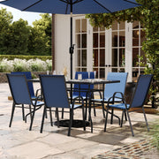 Brazos 7 Piece Outdoor Patio Dining Set - 55" Tempered Glass Patio Table with Umbrella Hole, 6 Navy Flex Comfort Stack Chairs