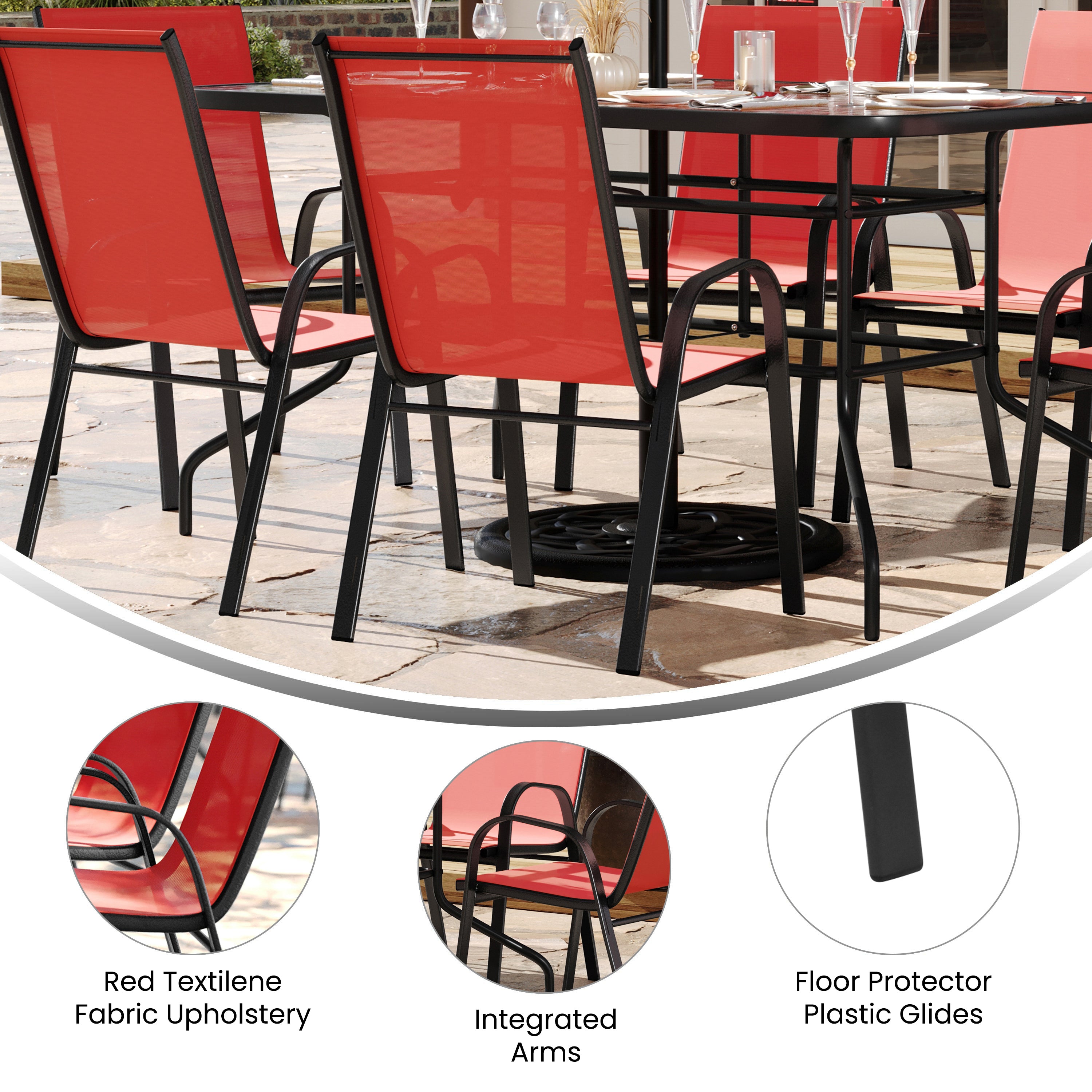 Brazos 5 Piece Outdoor Patio Dining Set - 55" Tempered Glass Patio Table with Umbrella Hole, 4 Red Flex Comfort Stack Chairs