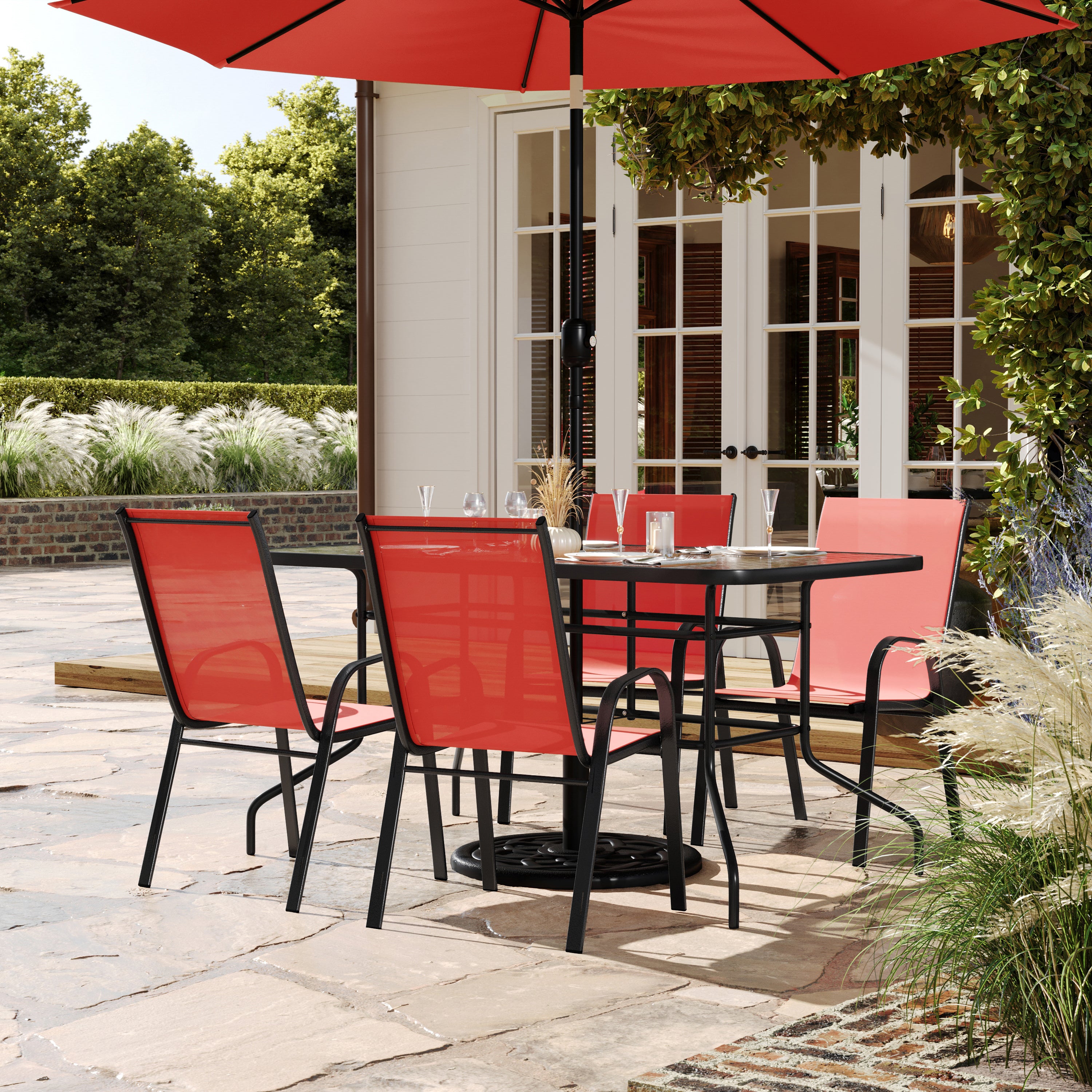 Brazos 5 Piece Outdoor Patio Dining Set - 55" Tempered Glass Patio Table with Umbrella Hole, 4 Red Flex Comfort Stack Chairs