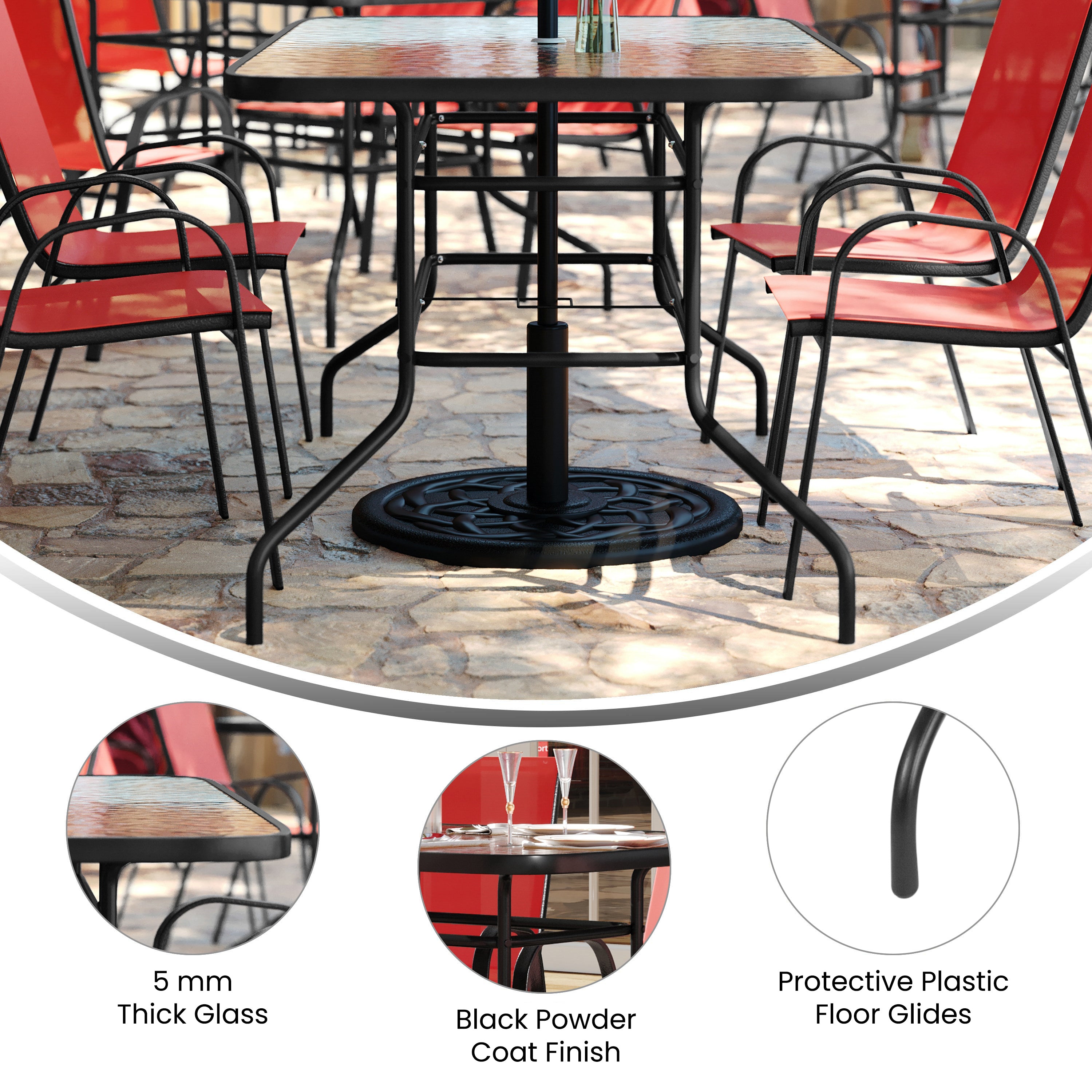 Brazos 7 Piece Outdoor Patio Dining Set - 55" Tempered Glass Patio Table with Umbrella Hole, 6 Red Flex Comfort Stack Chairs