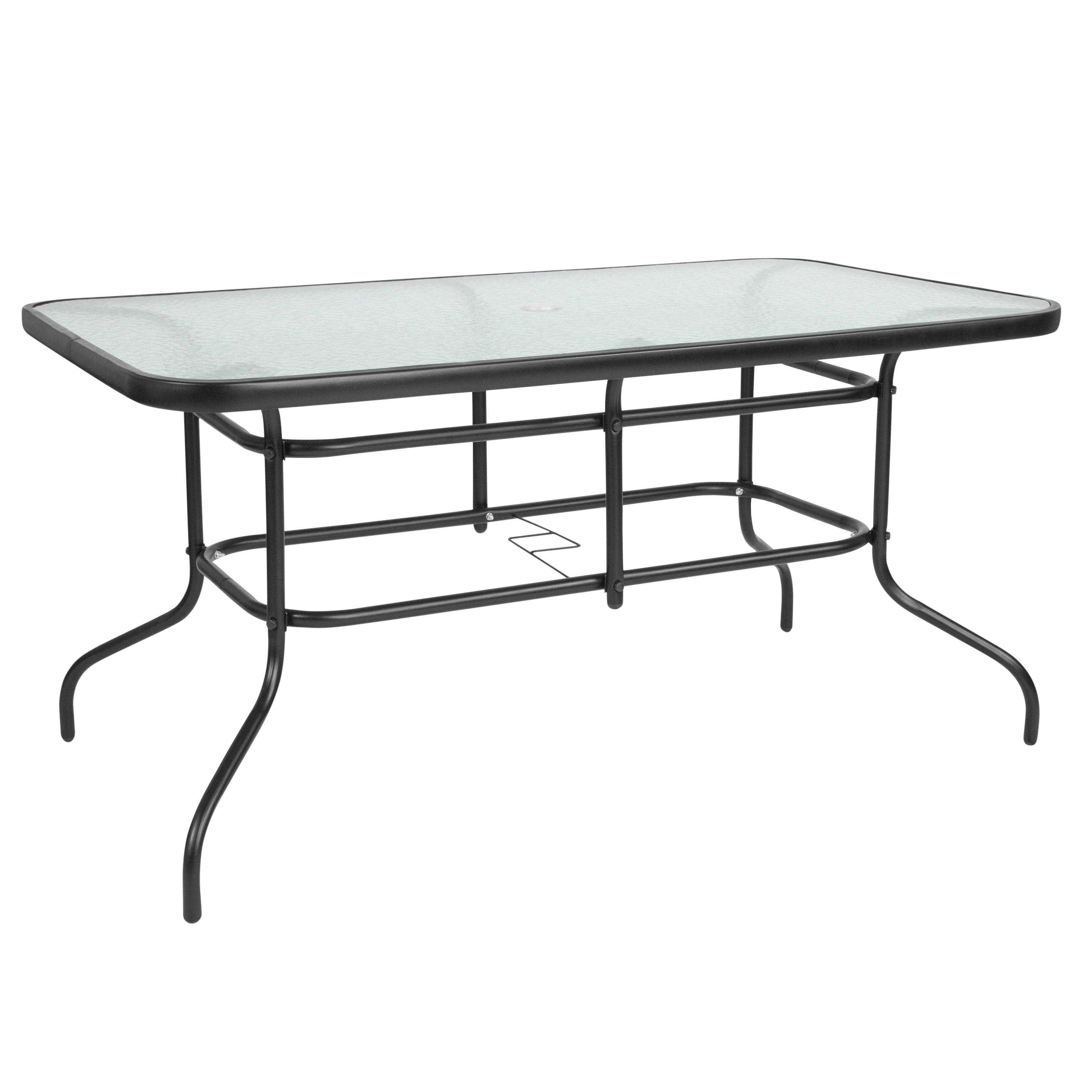 Brazos 7 Piece Outdoor Patio Dining Set - 55" Tempered Glass Patio Table with Umbrella Hole, 6 Red Flex Comfort Stack Chairs