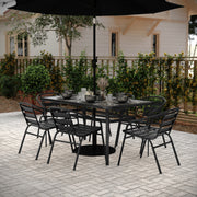 Lila 7 Piece Commercial Outdoor Patio Dining Set with 60" Tempered Glass Patio Table with Umbrella Hole and 6 Black Triple Slat Chairs