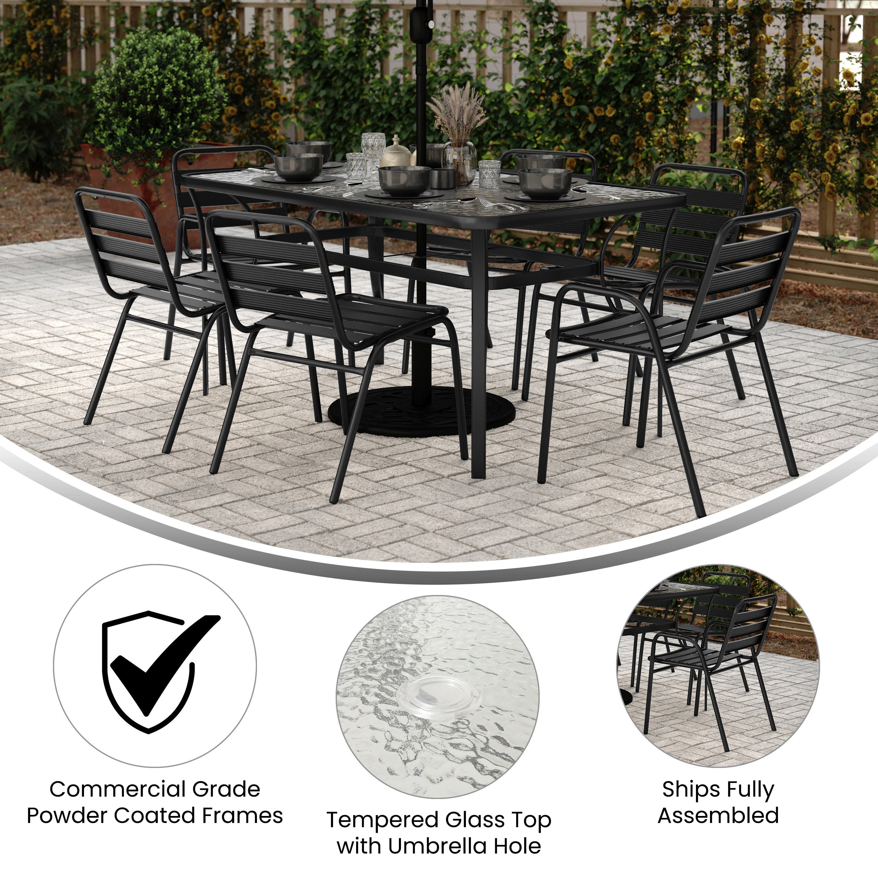 Lila 7 Piece Commercial Outdoor Patio Dining Set with 60" Glass Patio Table, 4 Black Triple Slat Chairs and 2 Black Triple Slat Chairs with Arms