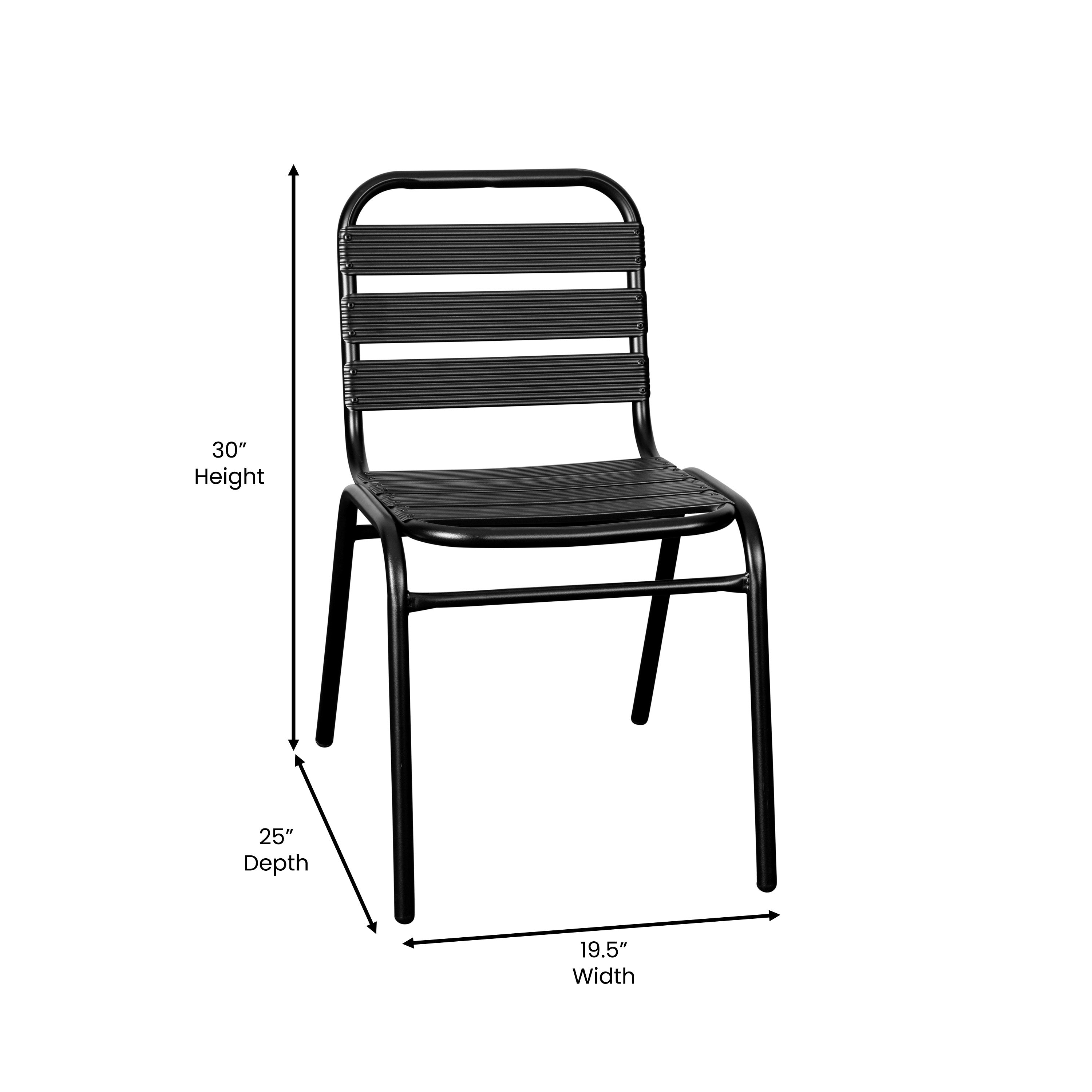 Lila 7 Piece Commercial Outdoor Patio Dining Set with 60" Glass Patio Table, 4 Black Triple Slat Chairs and 2 Black Triple Slat Chairs with Arms
