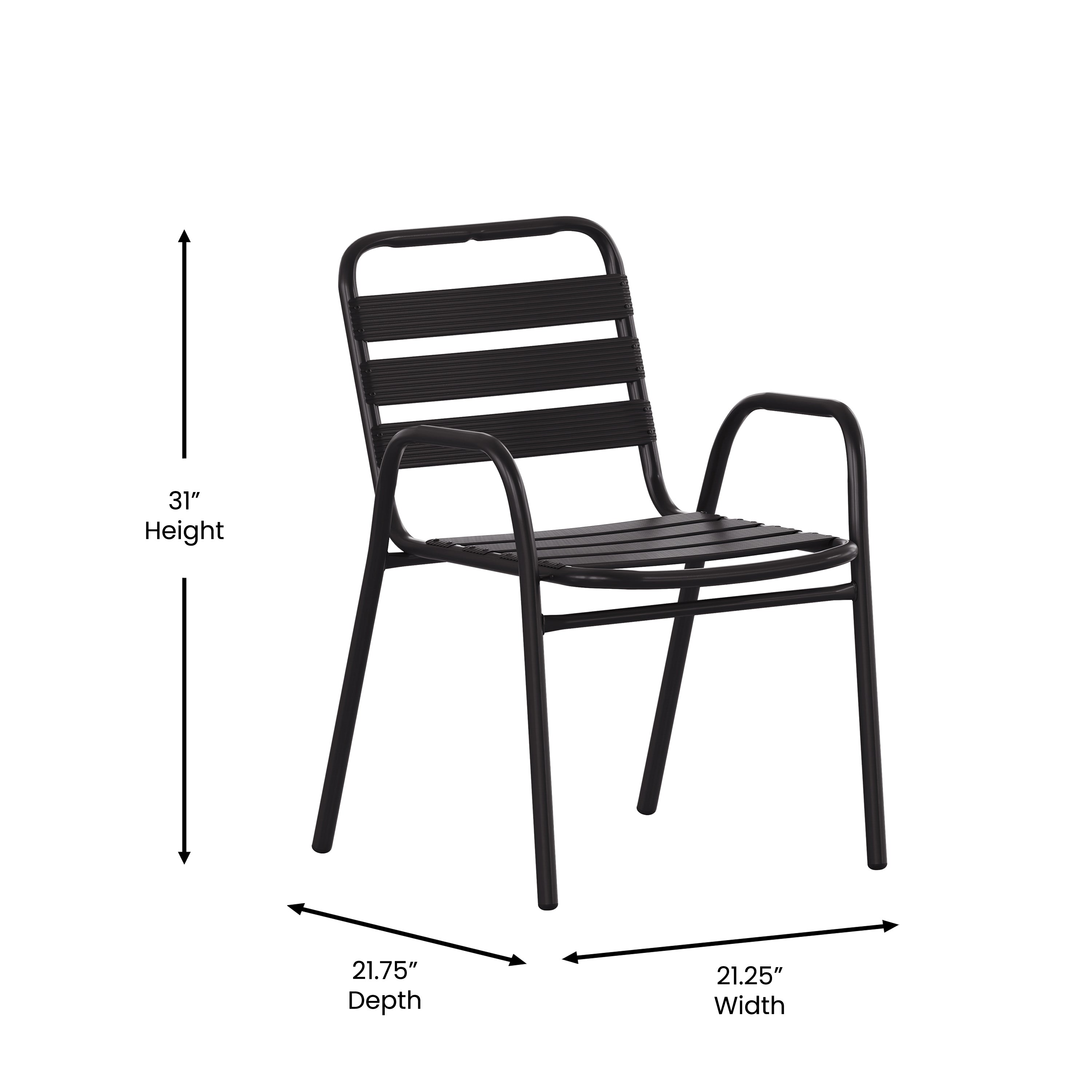 Lila 7 Piece Commercial Outdoor Patio Dining Set with 60" Glass Patio Table, 4 Black Triple Slat Chairs and 2 Black Triple Slat Chairs with Arms