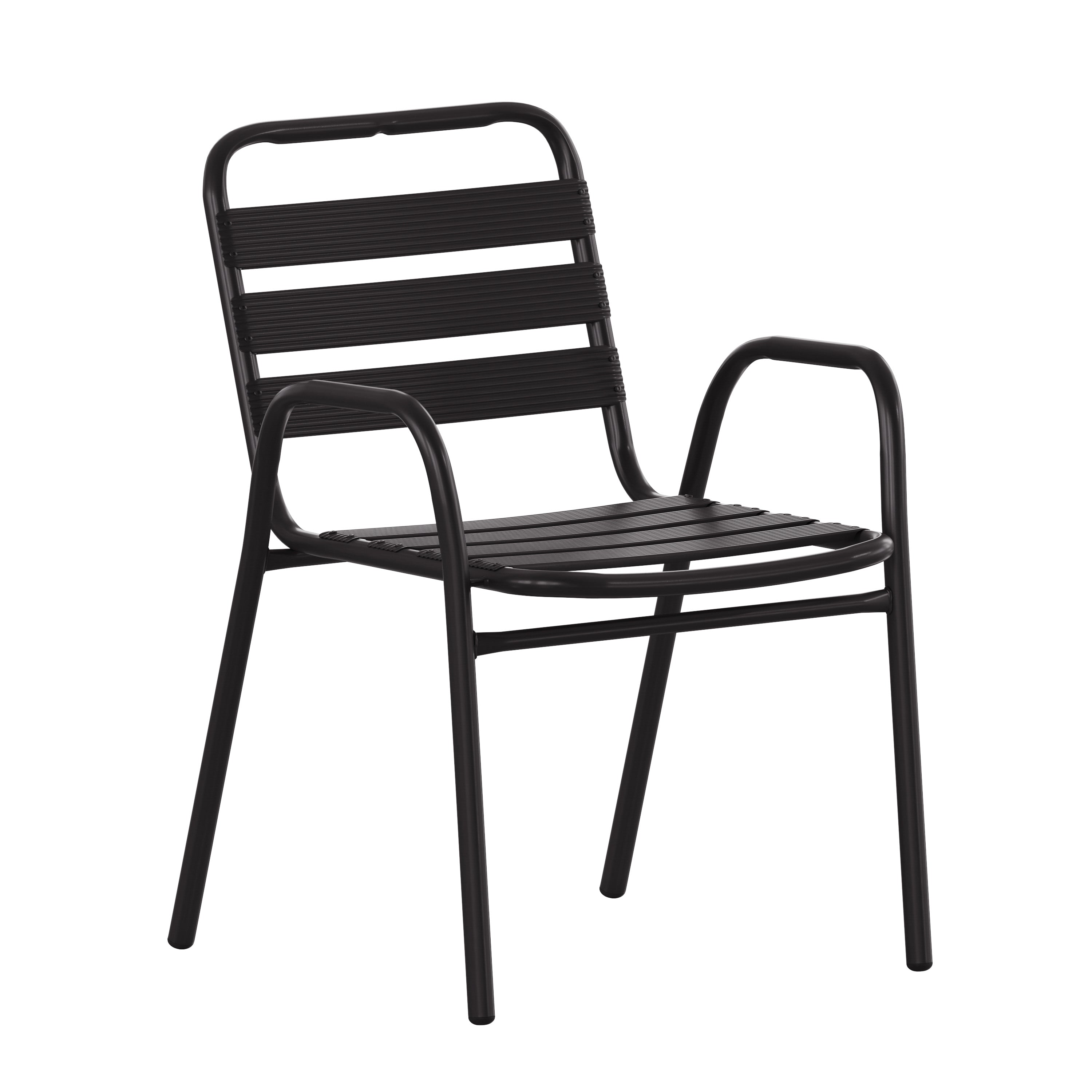 Lila 7 Piece Commercial Outdoor Patio Dining Set with 60" Glass Patio Table, 4 Black Triple Slat Chairs and 2 Black Triple Slat Chairs with Arms