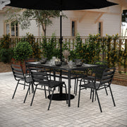 Lila 7 Piece Commercial Outdoor Patio Dining Set with 60" Glass Patio Table, 4 Black Triple Slat Chairs and 2 Black Triple Slat Chairs with Arms