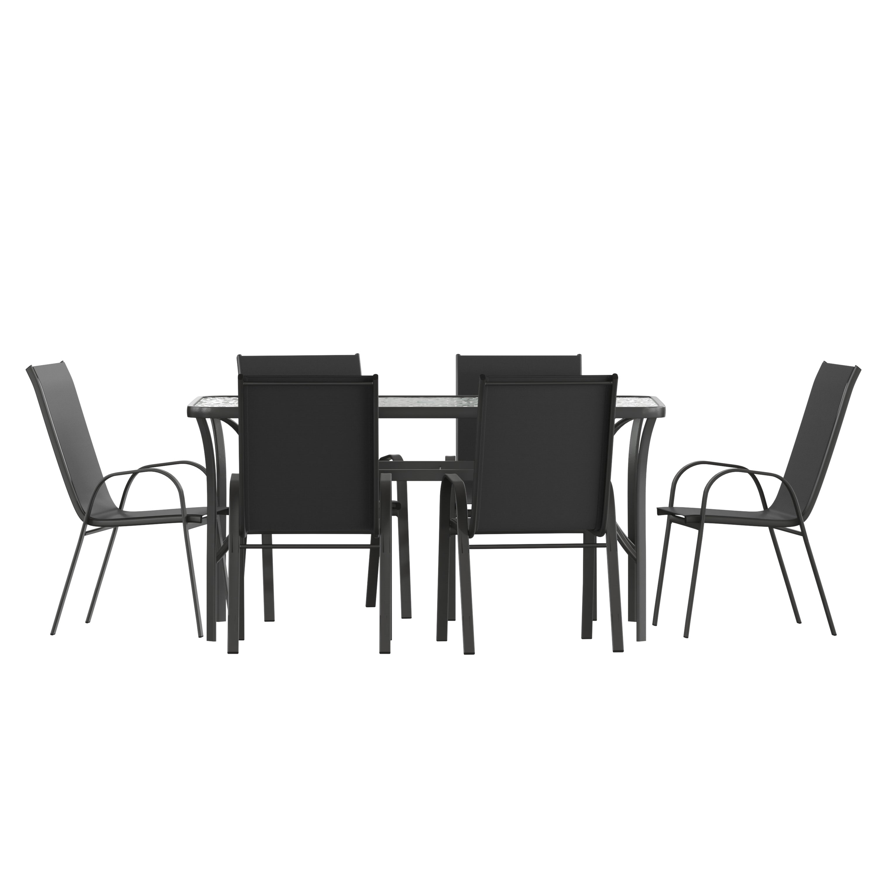 Brazos 7 Piece Commercial Grade Patio Dining Set with Tempered Glass Patio Table and 6 Chairs with Black Flex Comfort Material Seats and Backs