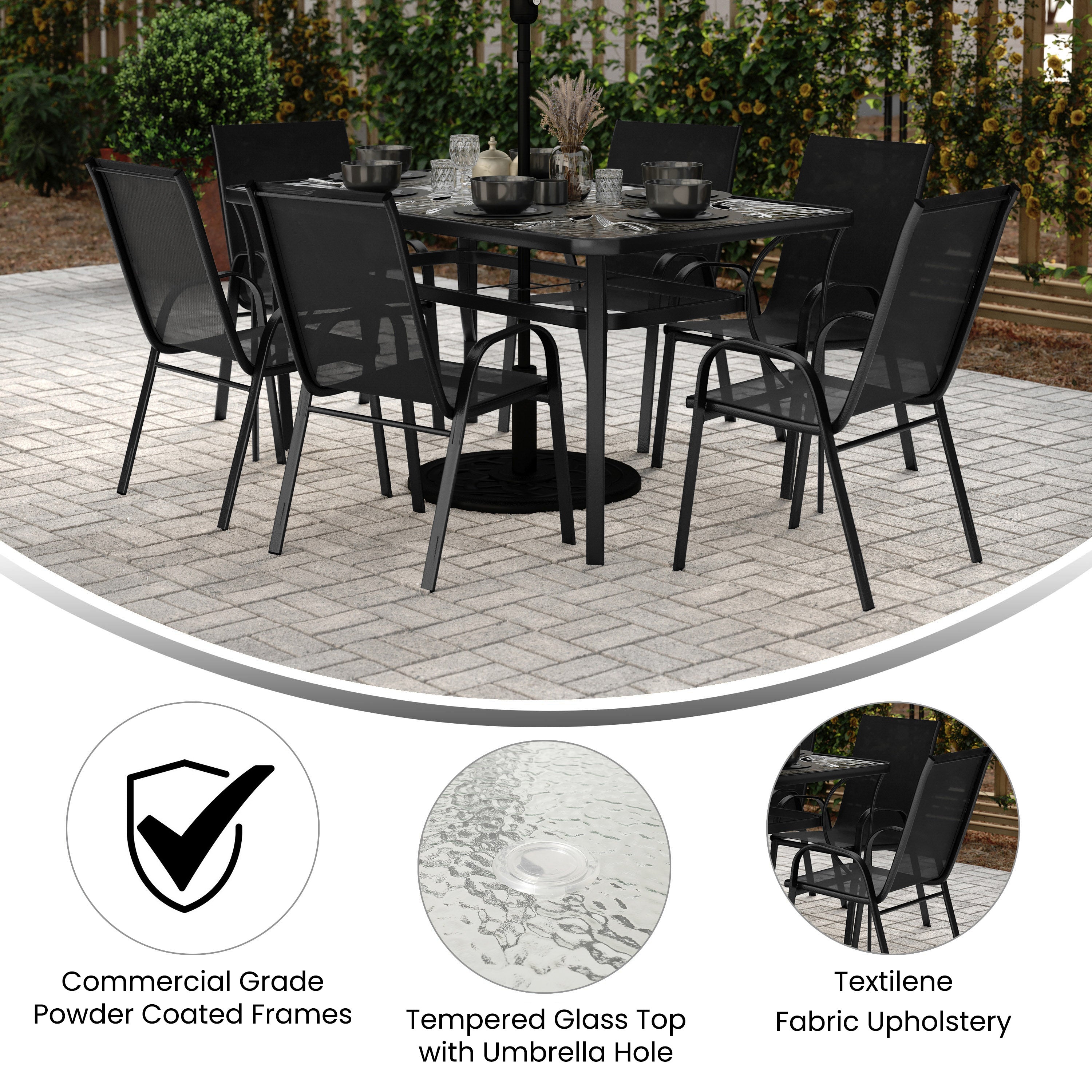 Brazos 7 Piece Commercial Grade Patio Dining Set with Tempered Glass Patio Table and 6 Chairs with Black Flex Comfort Material Seats and Backs