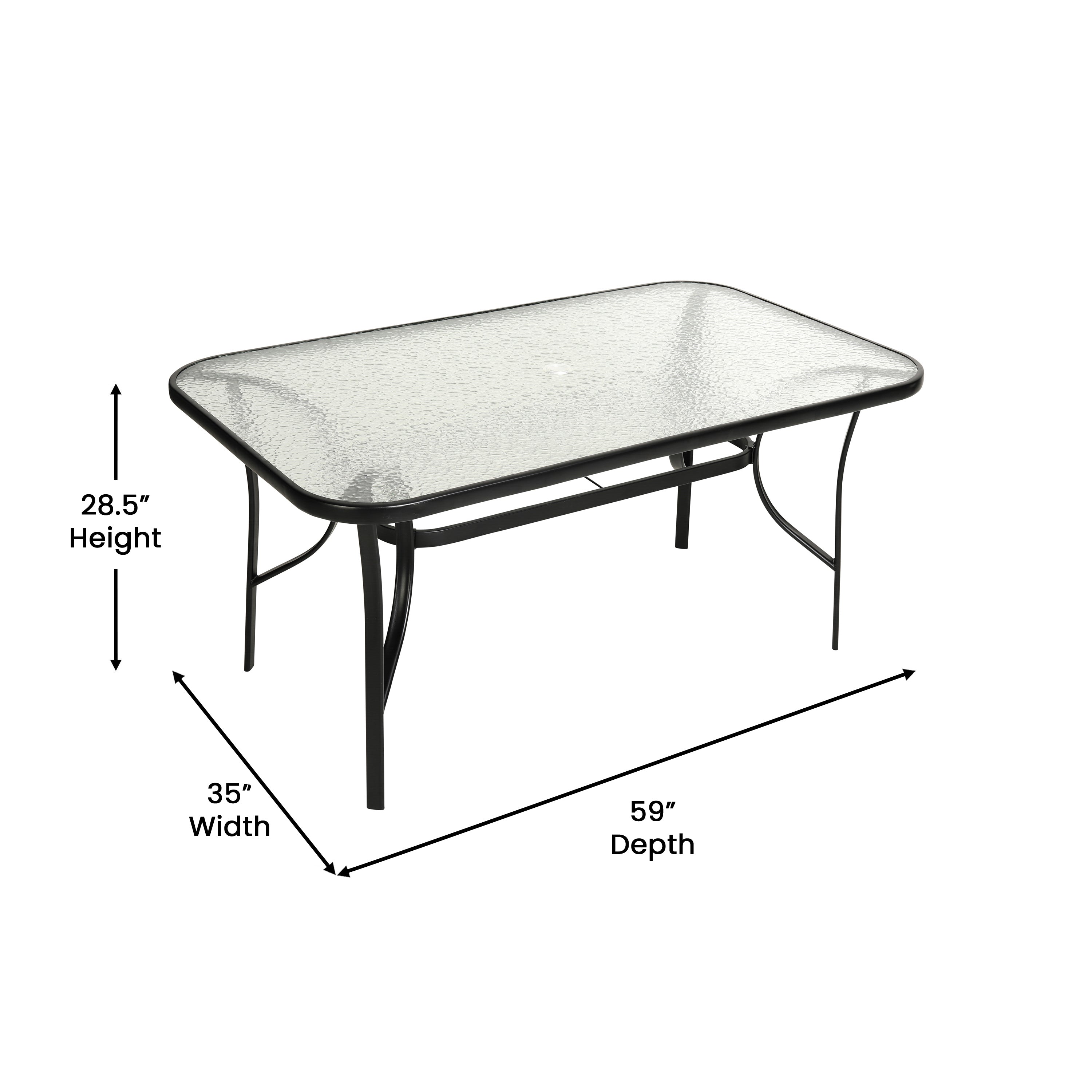 Brazos 7 Piece Commercial Grade Patio Dining Set with Tempered Glass Patio Table and 6 Chairs with Black Flex Comfort Material Seats and Backs