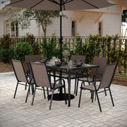 Brazos 7 Piece Commercial Grade Patio Dining Set with Tempered Glass Patio Table and 6 Chairs with Brown Flex Comfort Material Seats and Backs
