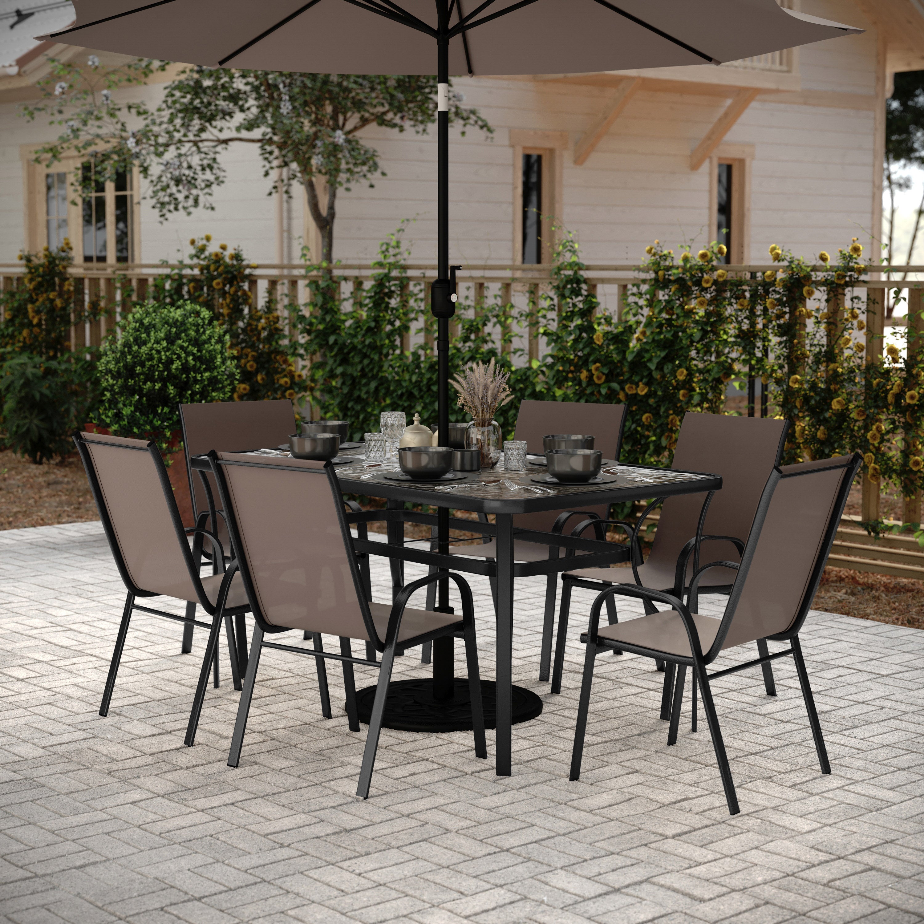 Brazos 7 Piece Commercial Grade Patio Dining Set with Tempered Glass Patio Table and 6 Chairs with Brown Flex Comfort Material Seats and Backs