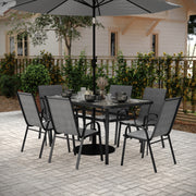 Brazos 7 Piece Commercial Grade Patio Dining Set with Tempered Glass Patio Table and 6 Chairs with Gray Flex Comfort Material Seats and Backs