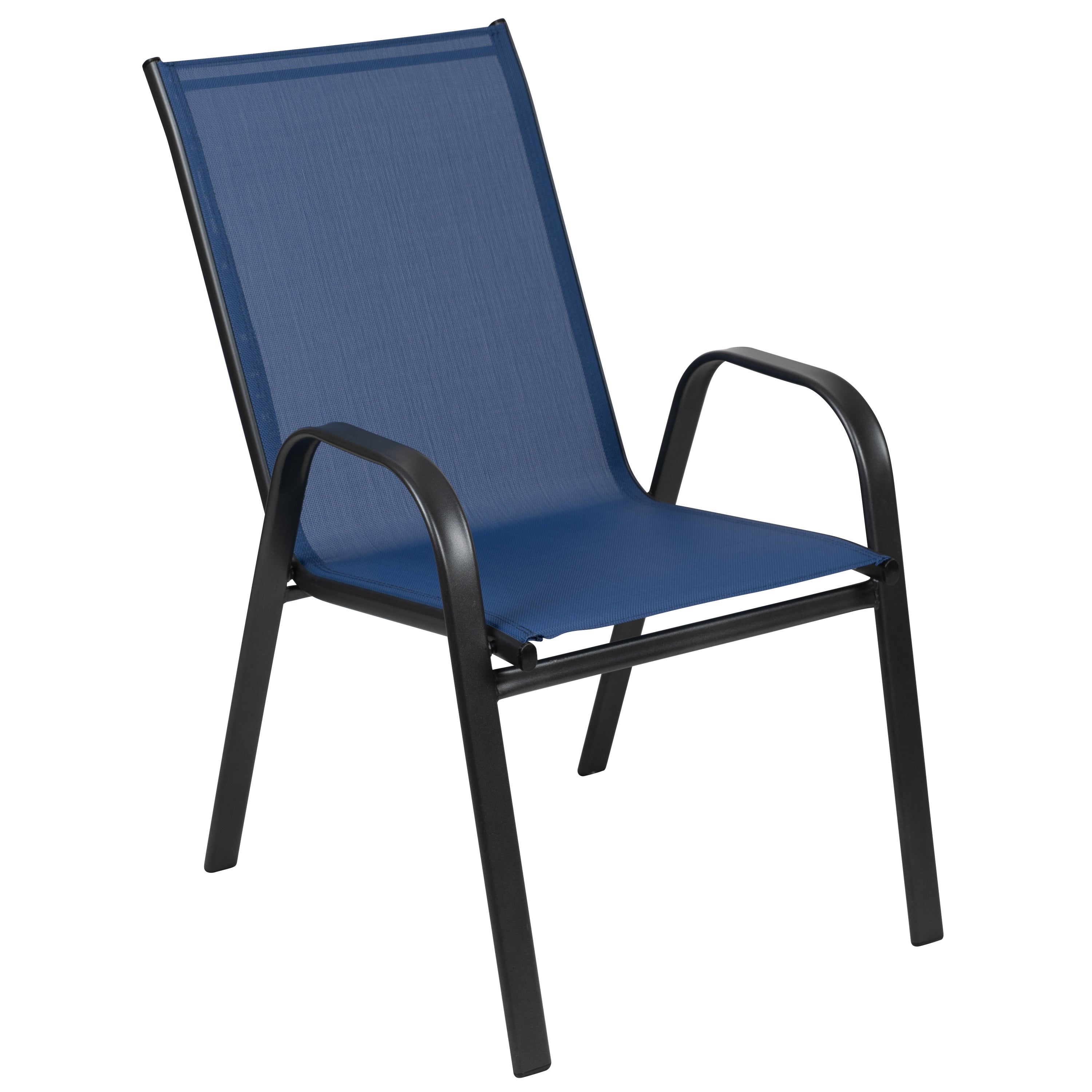 Brazos 7 Piece Commercial Grade Patio Dining Set with Tempered Glass Patio Table and 6 Chairs with Navy Flex Comfort Material Seats and Backs