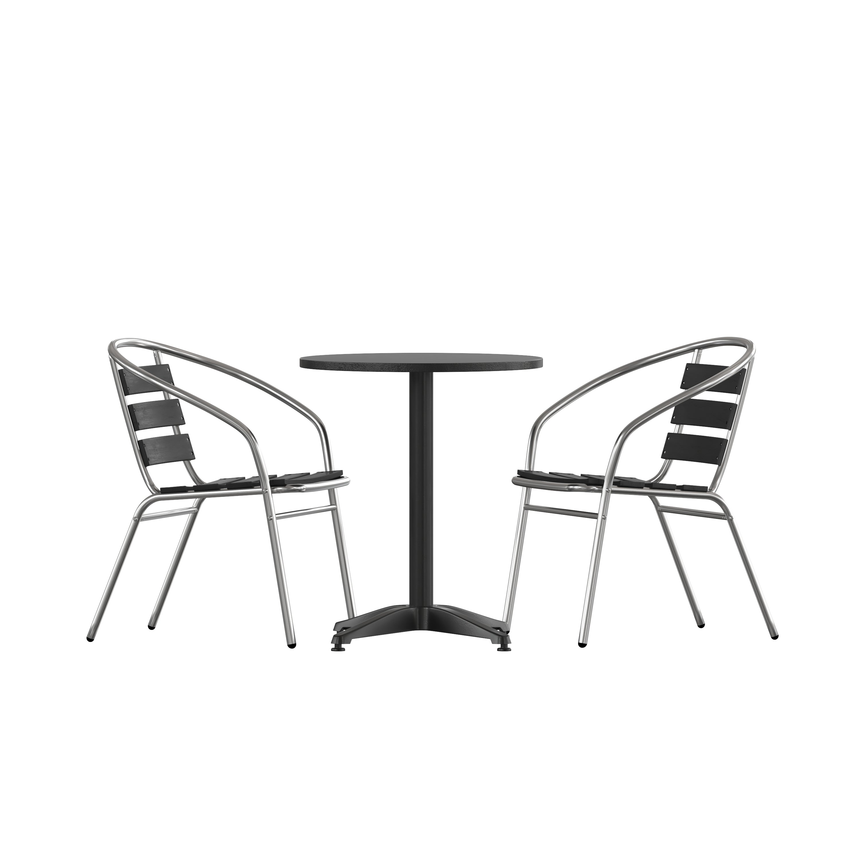Lila 23.5'' Black Round Aluminum Indoor-Outdoor Table Set with 2 Black Slat Back Chairs