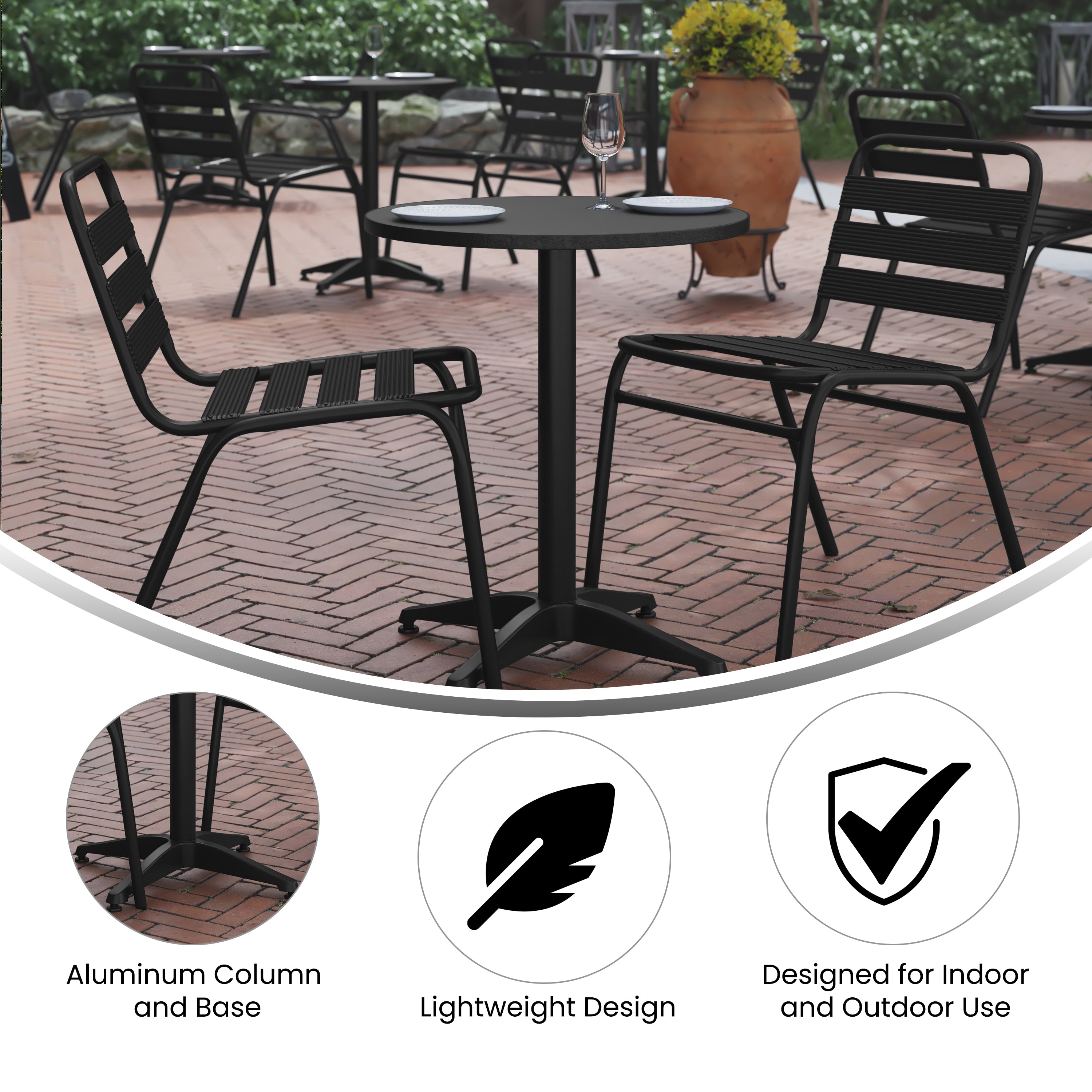 Lila 23.5'' Black Round Aluminum Indoor-Outdoor Table Set with 2 Black Slat Back Chairs