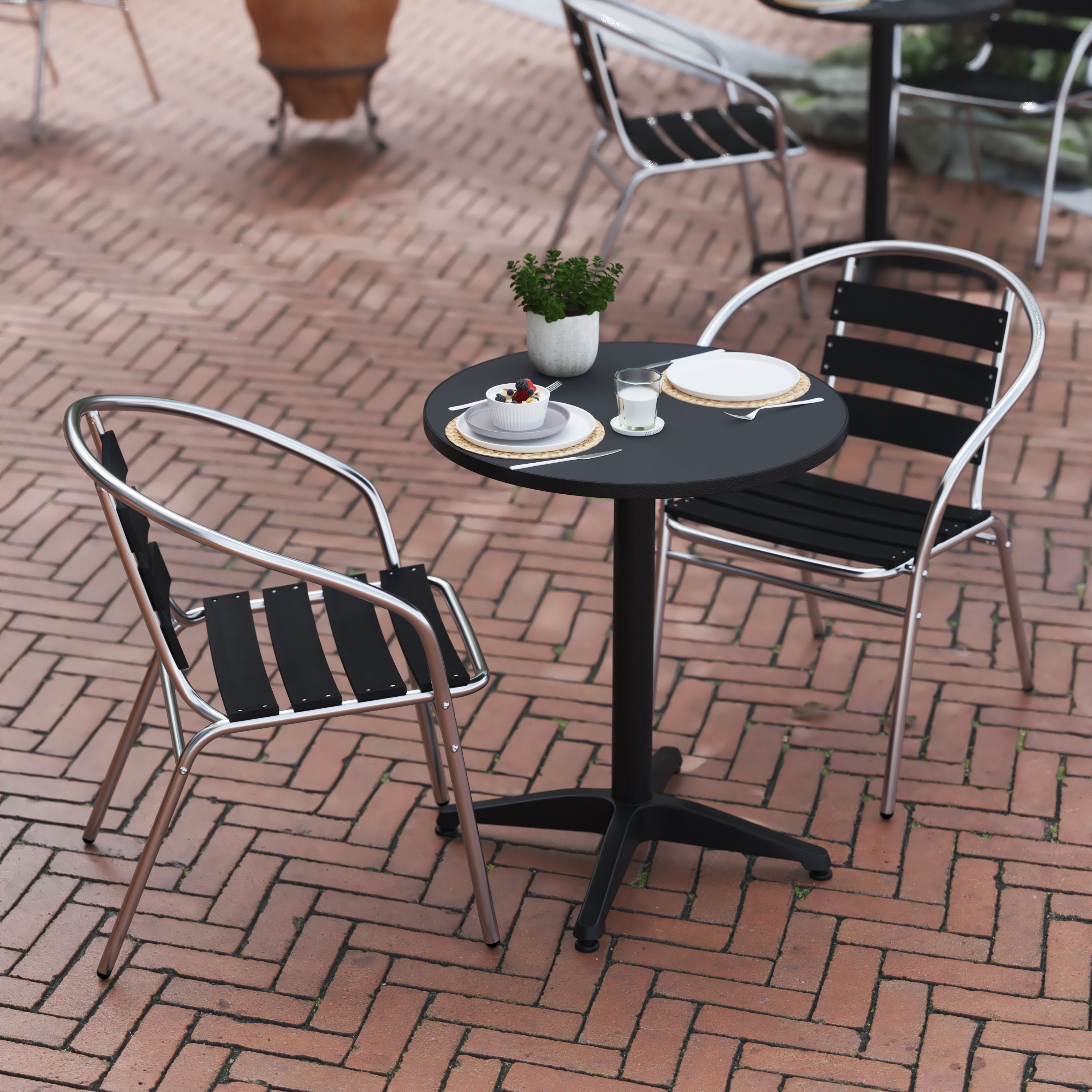 Lila 23.5'' Black Round Aluminum Indoor-Outdoor Table Set with 2 Black Slat Back Chairs