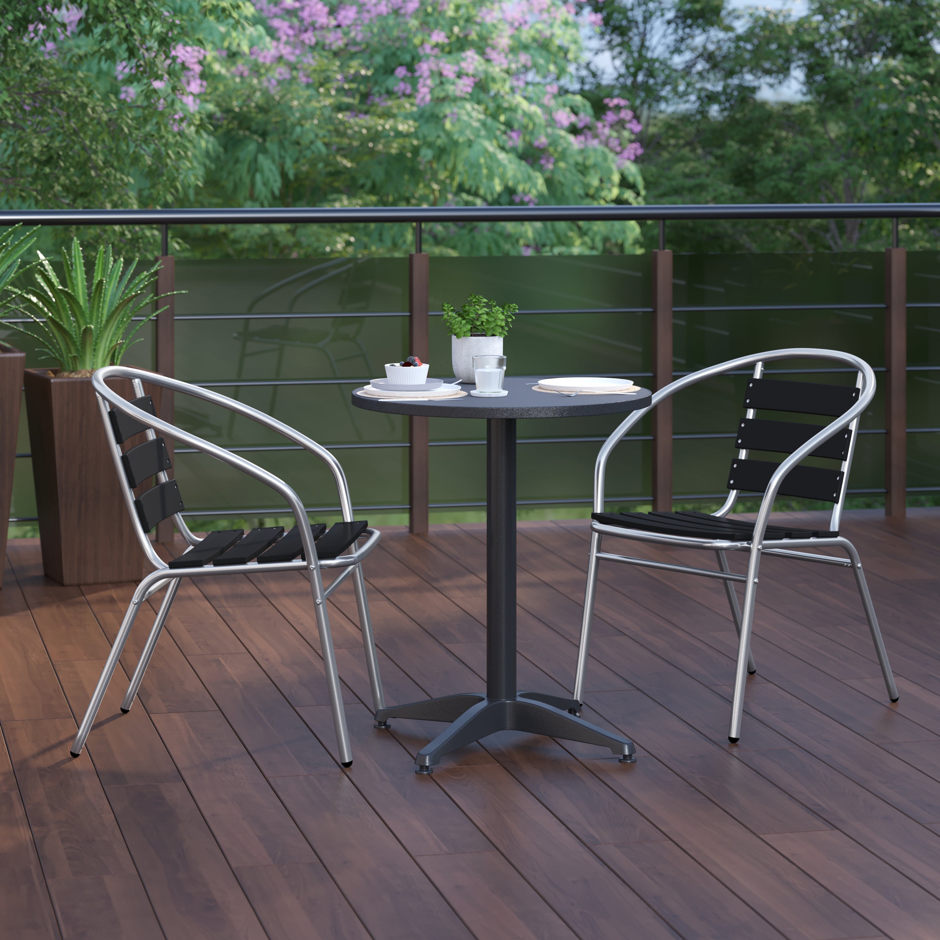 Lila 23.5'' Black Round Aluminum Indoor-Outdoor Table Set with 2 Black Slat Back Chairs